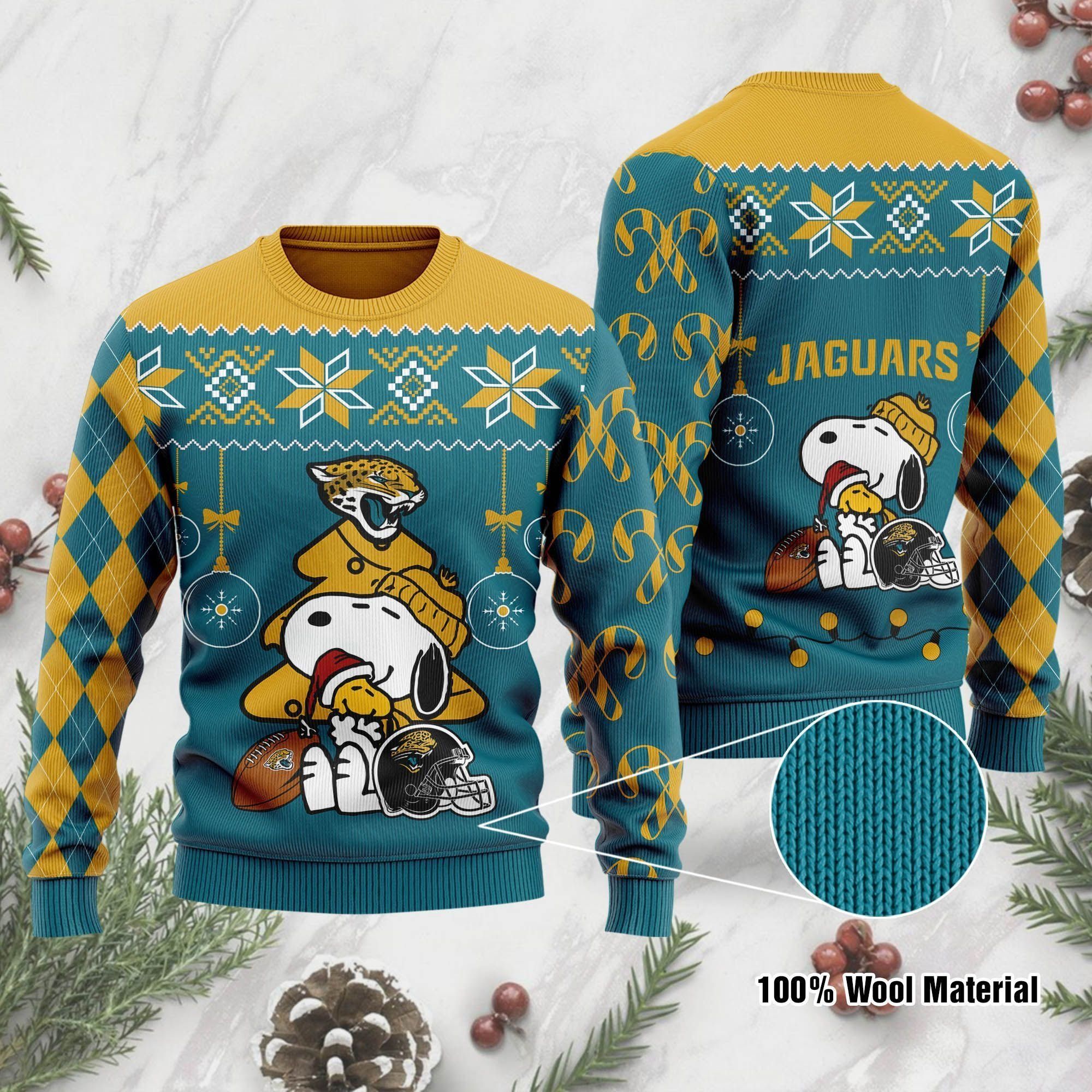 Jacksonville Jaguars Funny Charlie Brown Peanuts Snoopy Ugly Christmas Sweater Holiday Party Men Women Plus Size