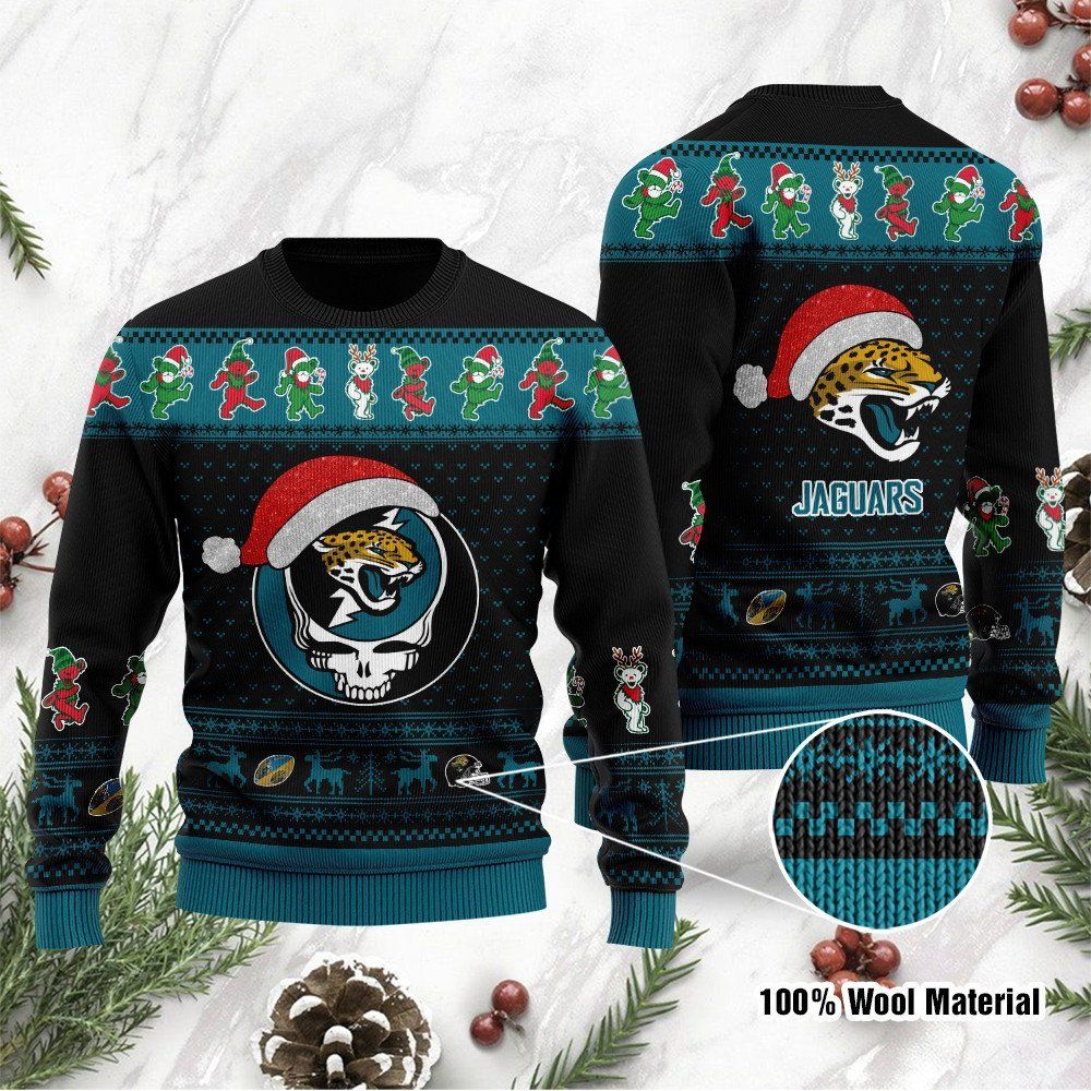 Jacksonville Jaguars Grateful Dead SKull And Bears Custom Name Ugly Christmas Sweater NFL Football Christmas
