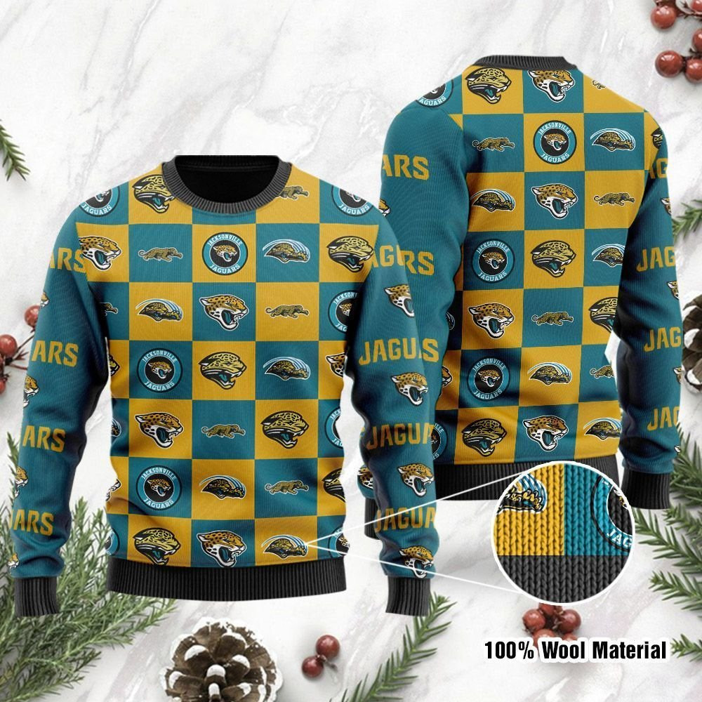 Jacksonville Jaguars Logo Checkered Flannel Design Ugly Christmas Sweater, Perfect Holiday Gift
