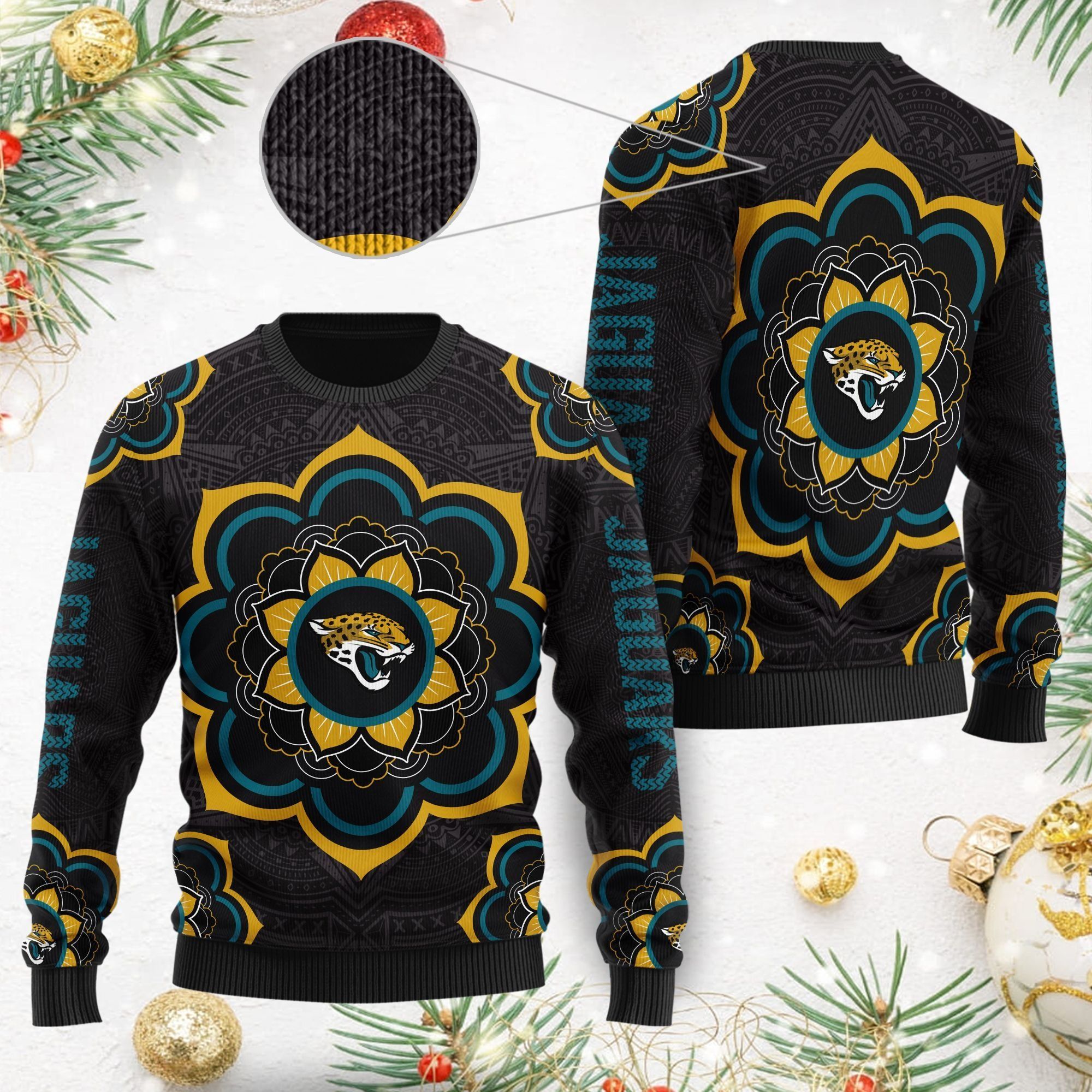 Jacksonville Jaguars Mandala Logo Ugly Christmas Sweater NFL Football Fans On Xmas