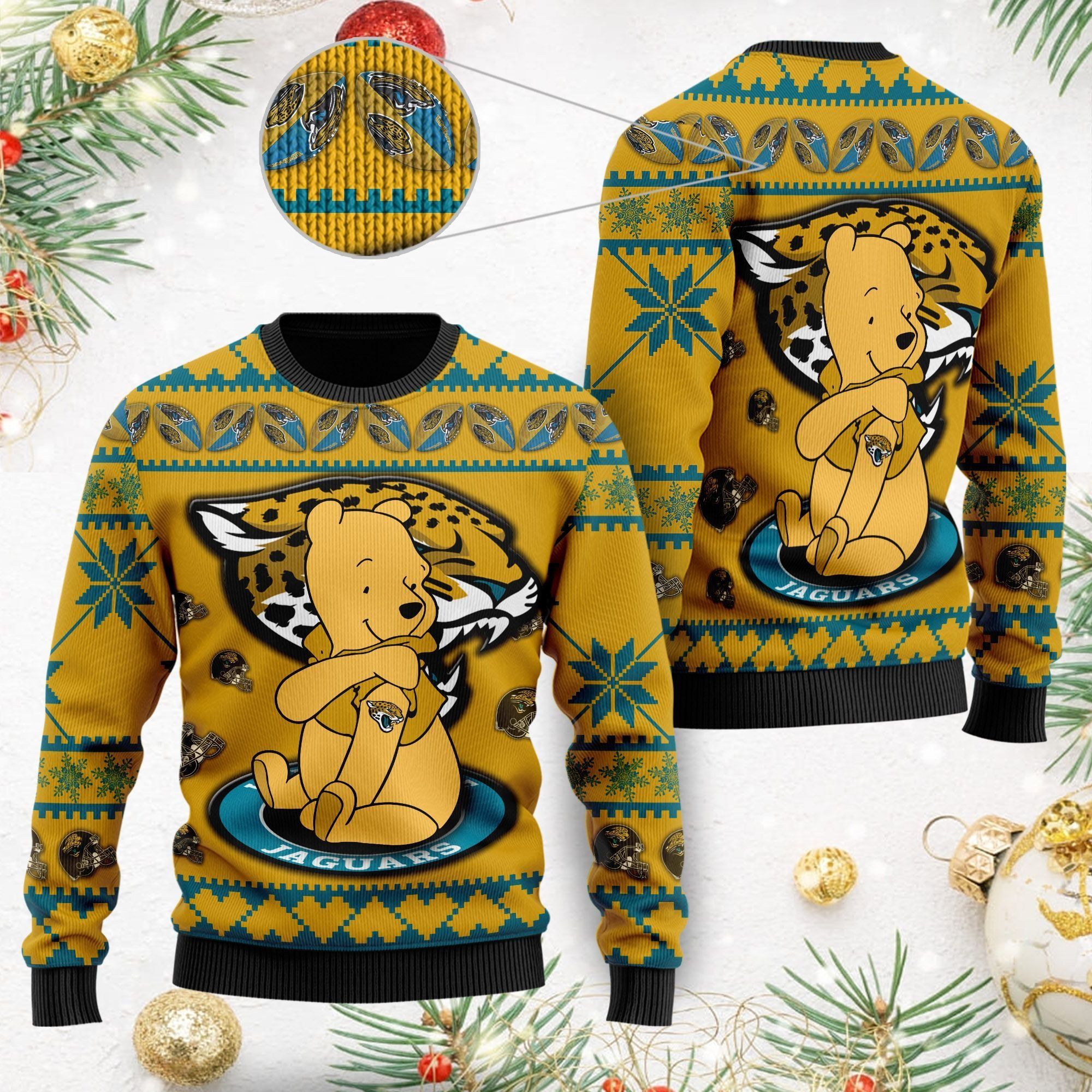 Jacksonville Jaguars NFL American Football Team Logo Cute Winnie The Pooh Bear 3D Ugly Christmas Sweater