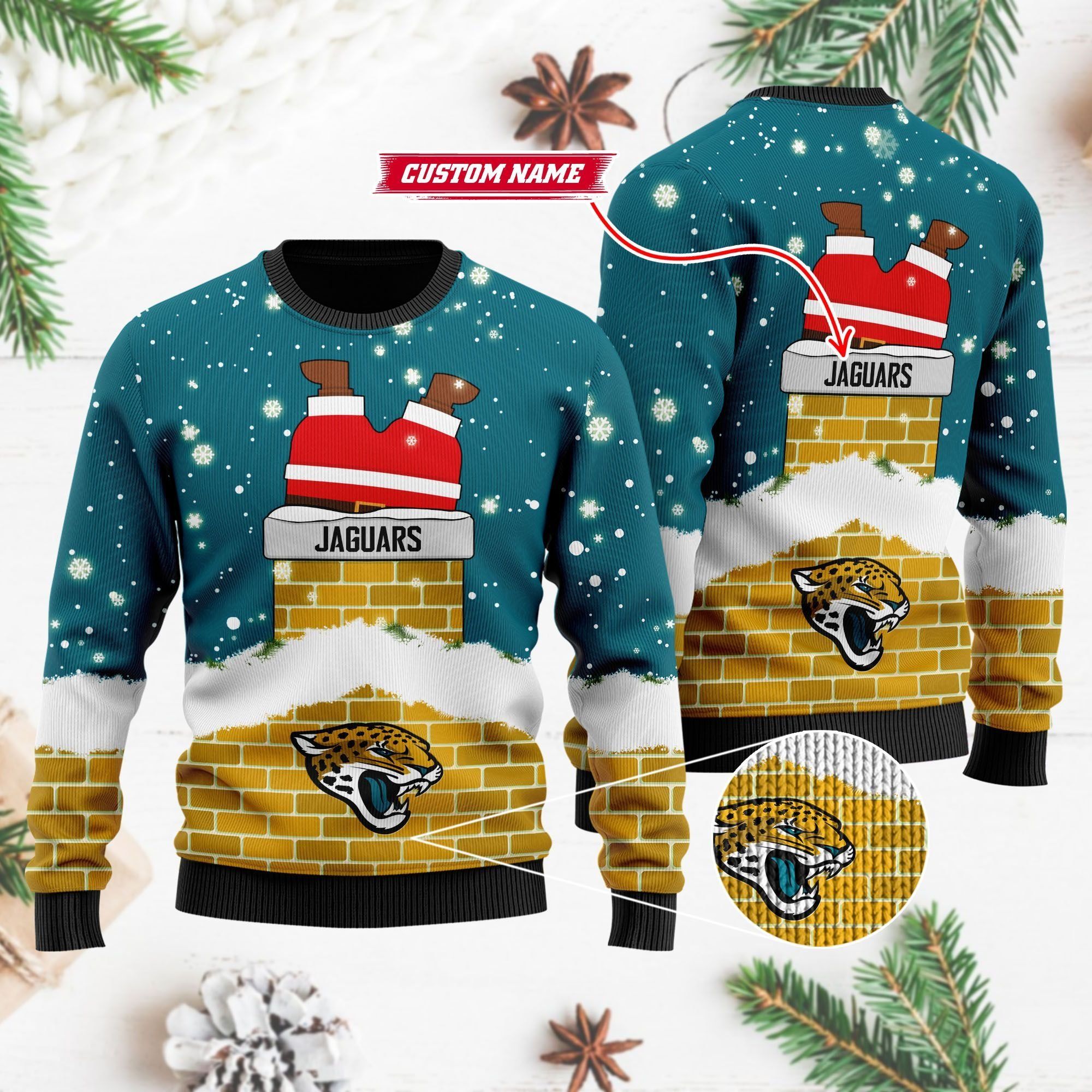 Jacksonville Jaguars NFL Football Team Logo Symbol Santa Claus Custom Name Personalized 3D Ugly Christmas Sweater