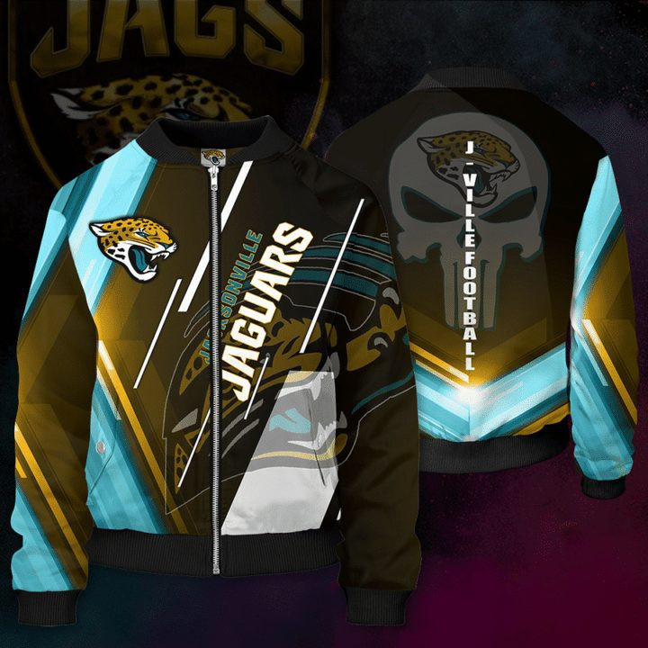 Jacksonville Jaguars Punisher Skull Teal Gold Bomber Jacket | NFL Team Jacket for Men & Women | Football Fan Gift