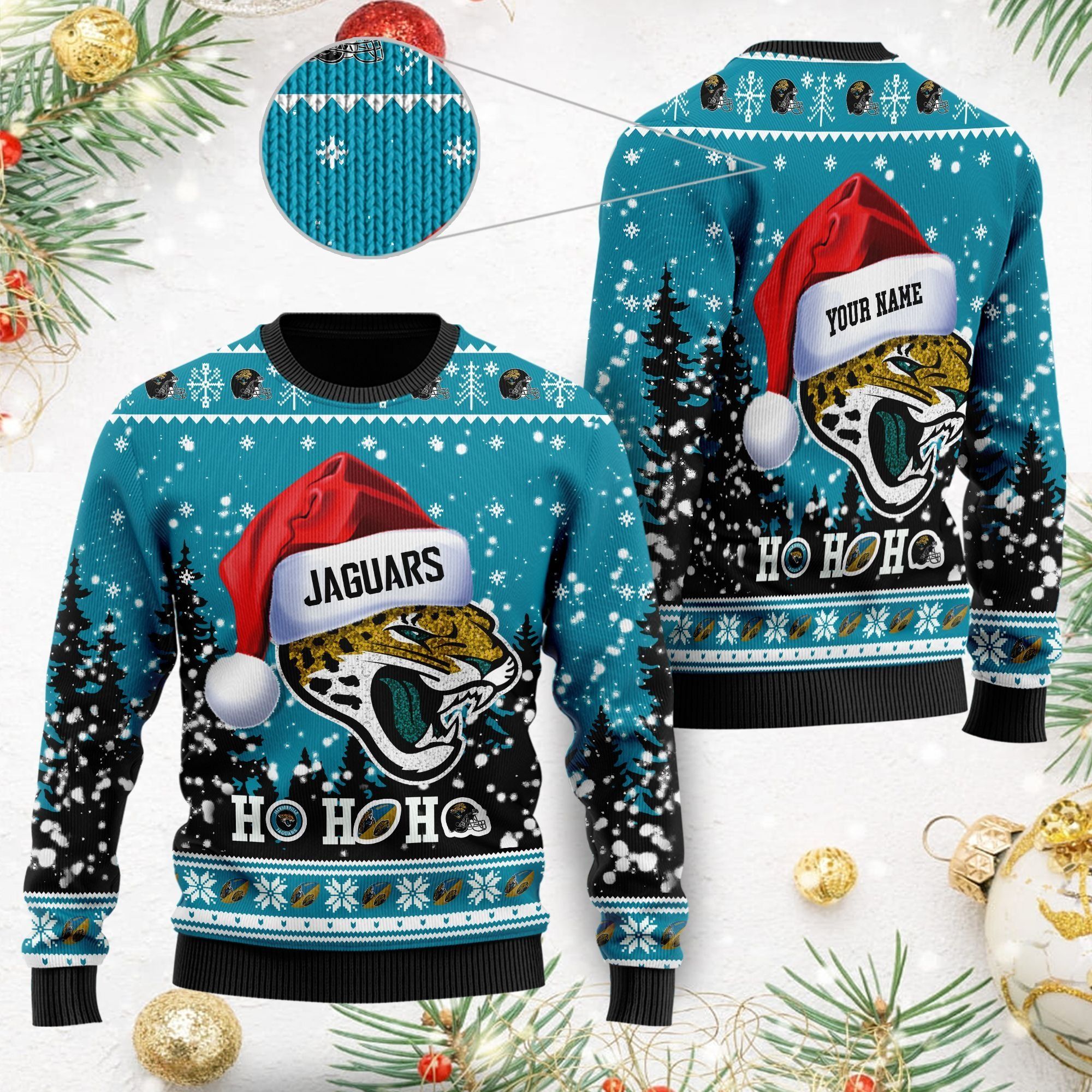 Jacksonville Jaguars Symbol Wearing Santa Claus Hat Cute Pattern Ho Ho Ho Custom Personalized Ugly Christmas Sweater For Football Fans On Xmas Party