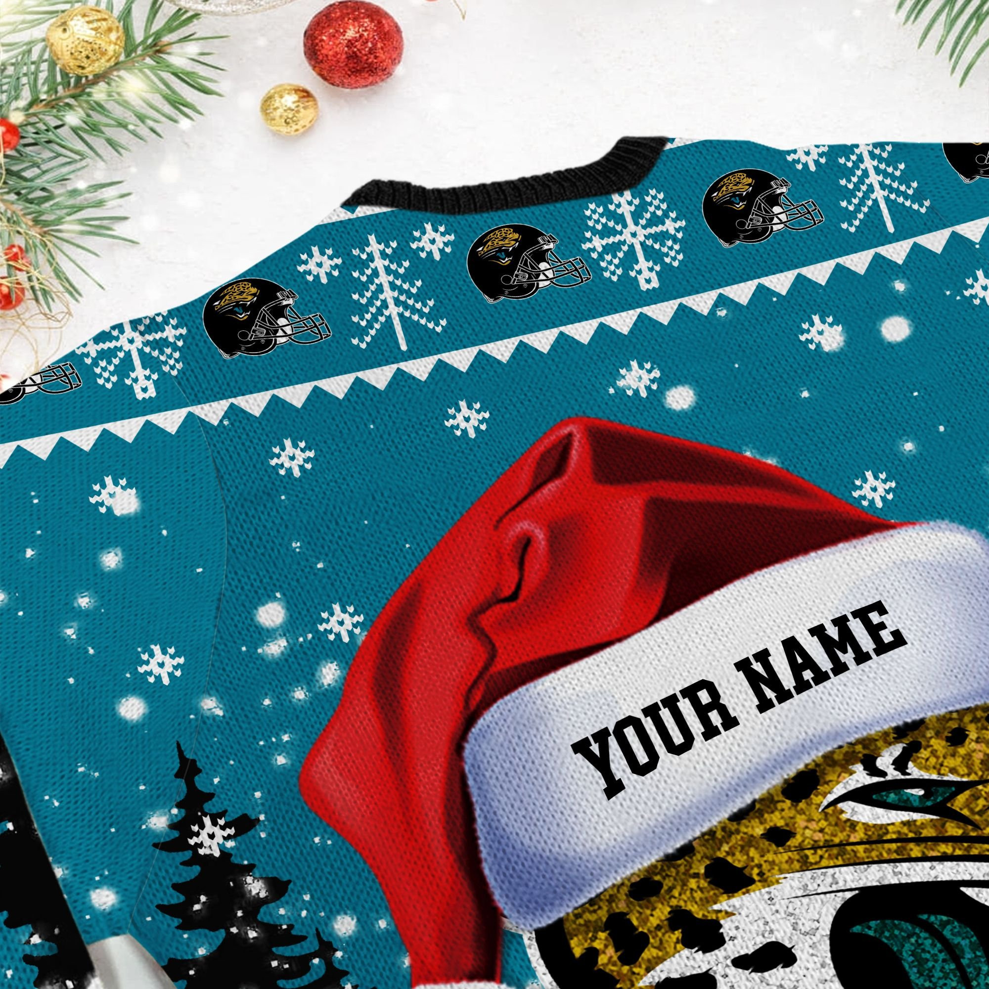 Jacksonville Jaguars Symbol Wearing Santa Claus Hat Ho Ho Ho Personalized Ugly Christmas Sweater, Perfect Holiday Gift - Image 6