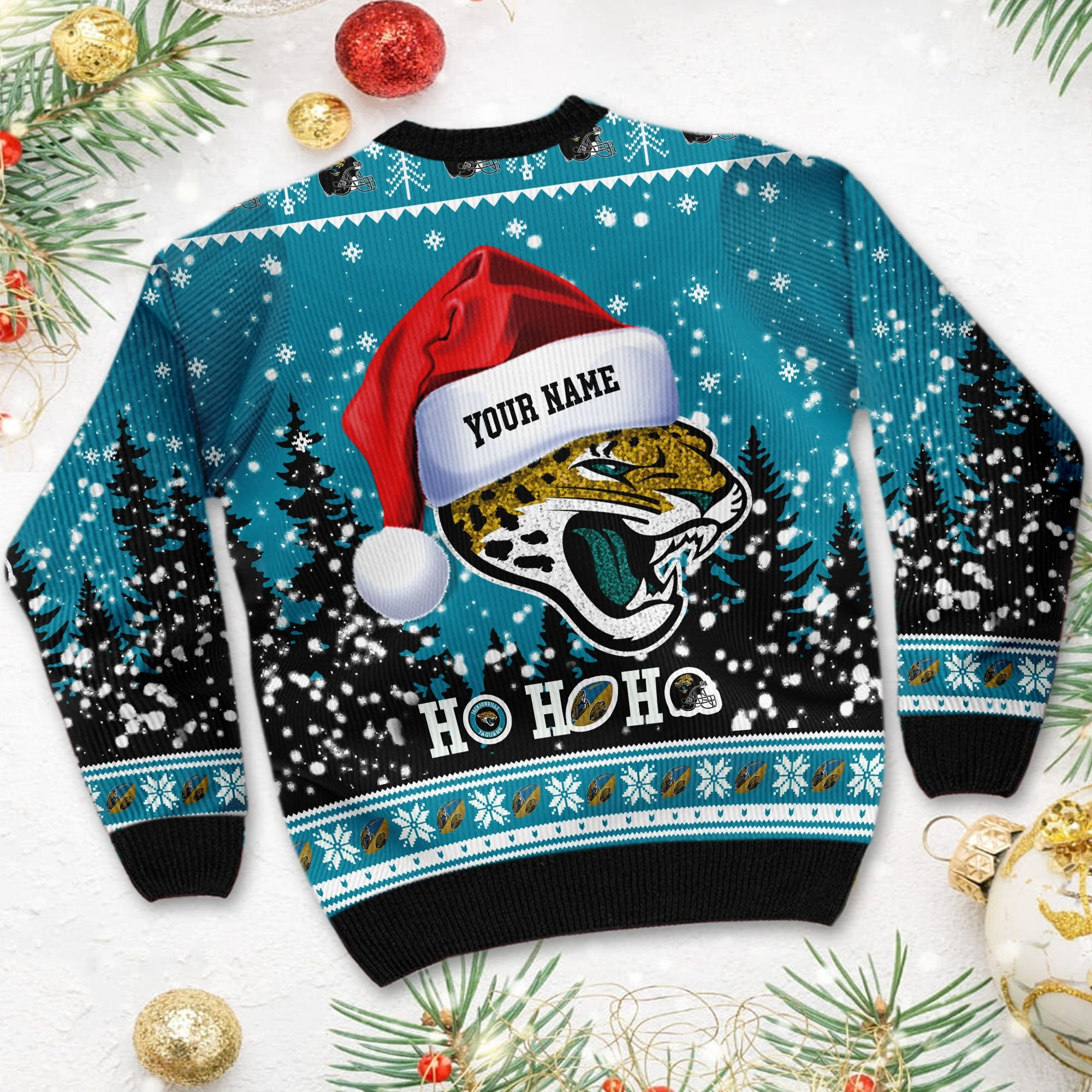 Jacksonville Jaguars Symbol Wearing Santa Claus Hat Ho Ho Ho Personalized Ugly Christmas Sweater, Perfect Holiday Gift - Image 4