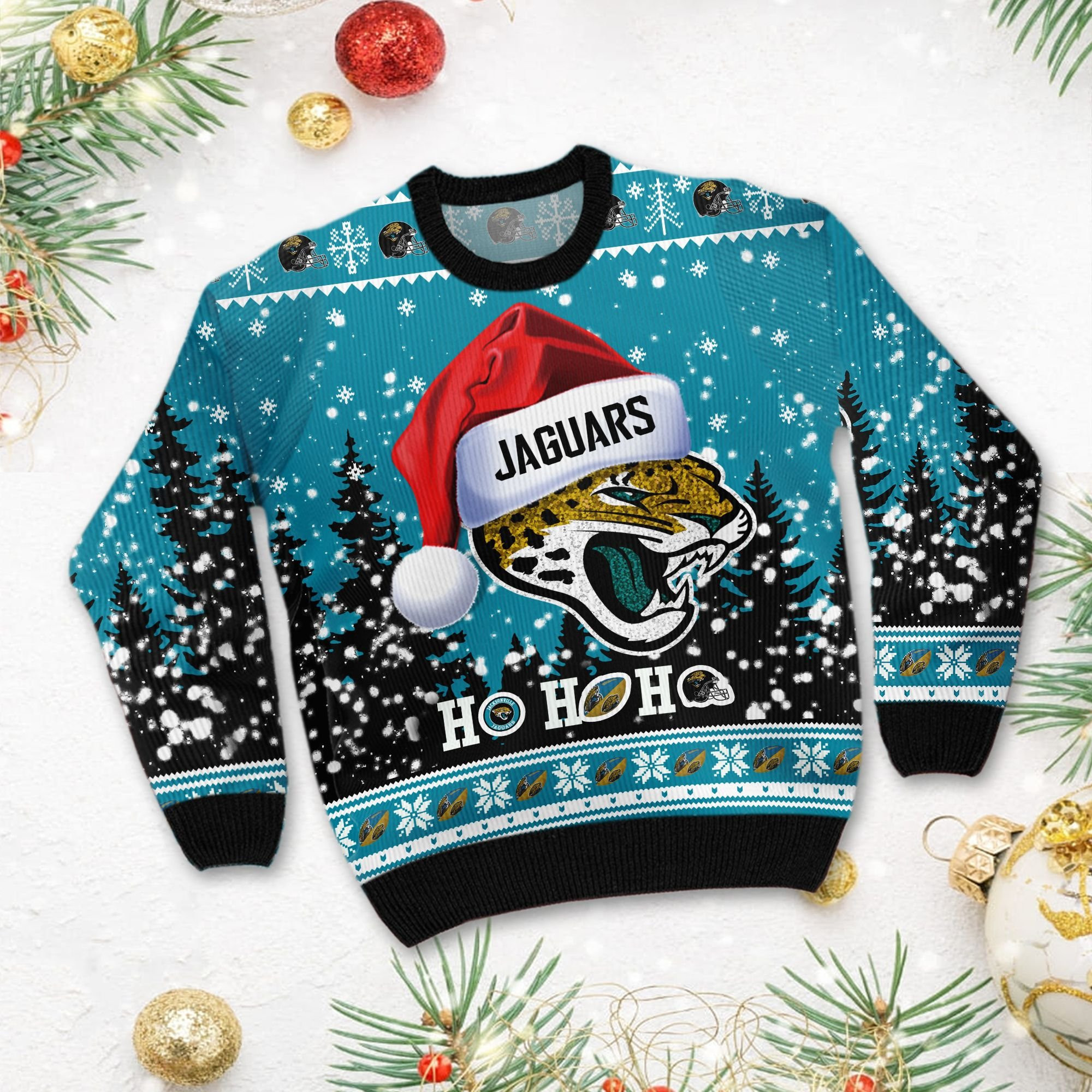 Jacksonville Jaguars Symbol Wearing Santa Claus Hat Ho Ho Ho Personalized Ugly Christmas Sweater, Perfect Holiday Gift - Image 3