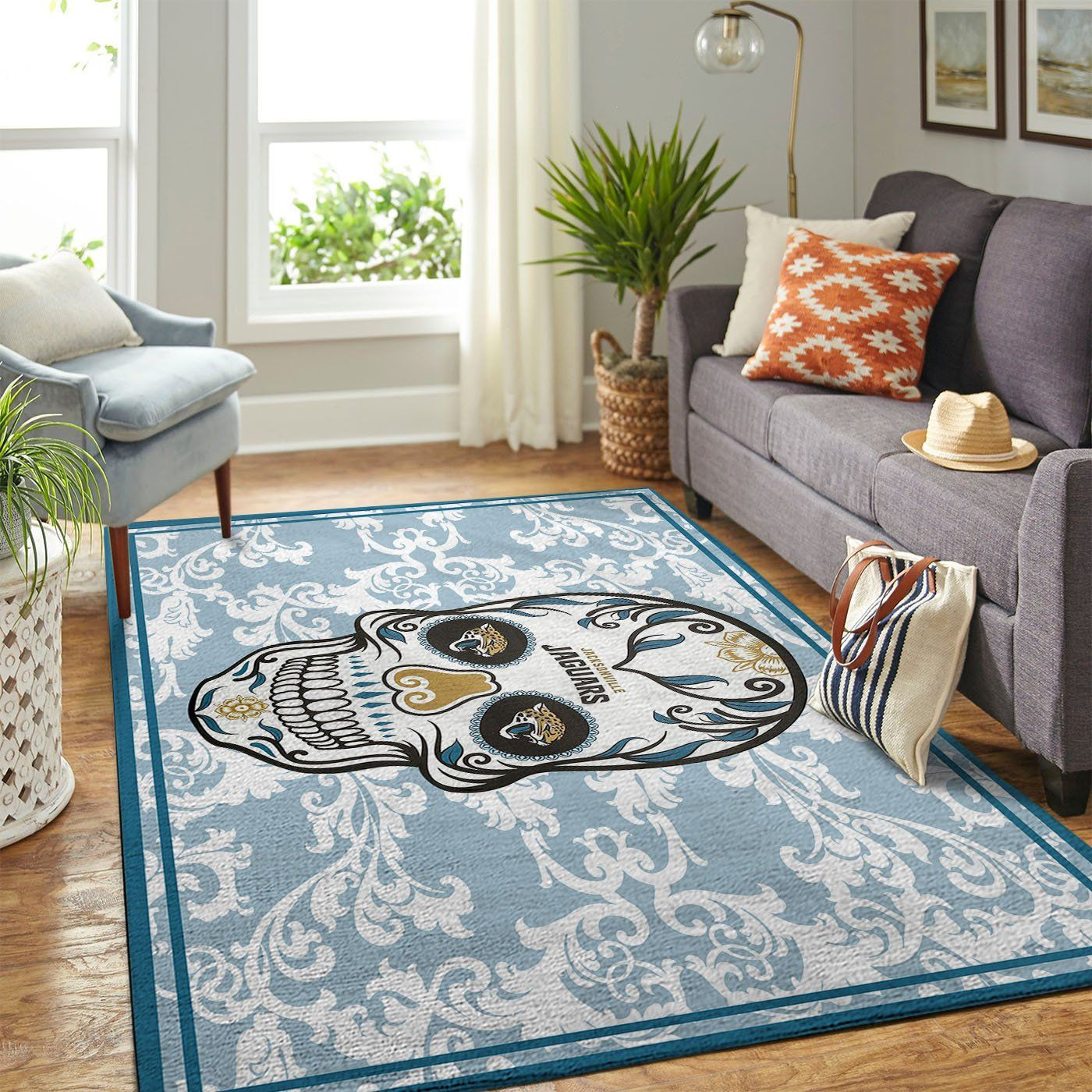 Jacksonville Jaguars Team Logo Skull Flower Rectangle Area Rug – Full Print Carpet For Living Room & Bedroom Home Decor