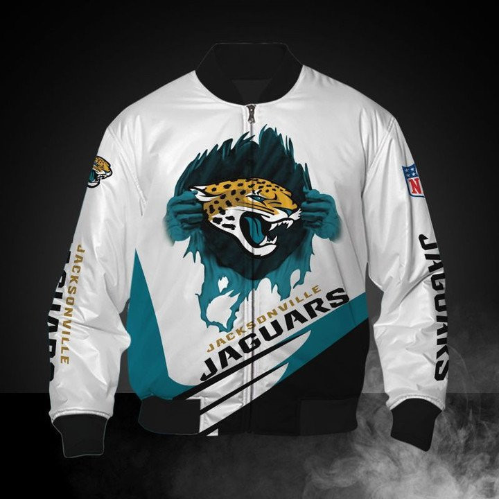Jacksonville Jaguars White Teal Bomber Jacket | NFL Team Jacket for Men & Women | Football Fan Gift