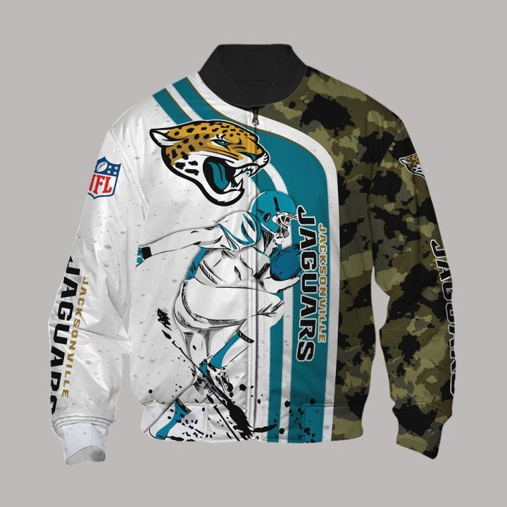 Jacksonville Jaguars White Teal Camo Bomber Jacket | NFL Team Jacket for Men & Women | Football Fan Gift