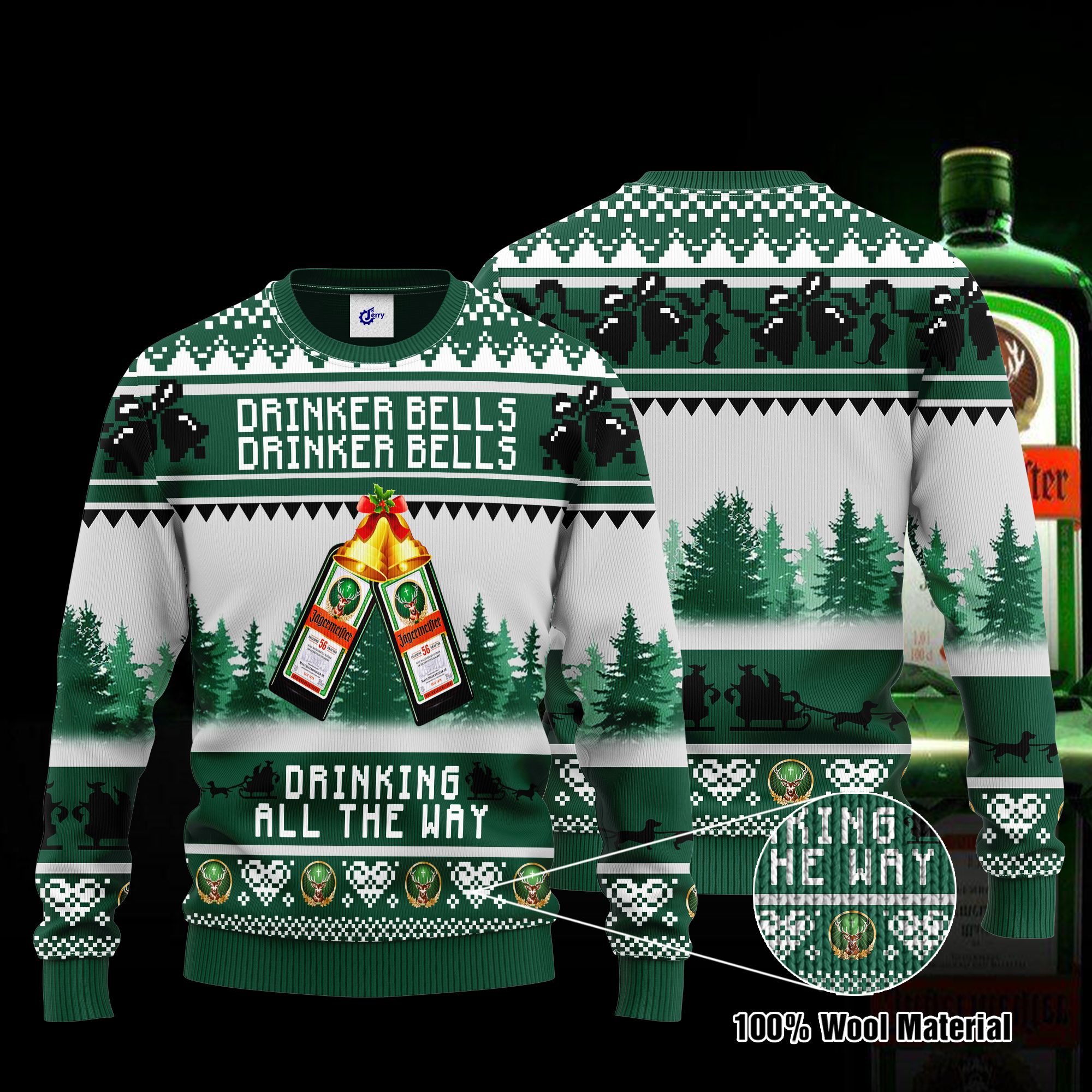 Jagermeister Drinker Bells Drinker Bells Drinking All The Way Ugly Christmas Sweater, Hoodie, Zip Hoodie, Bomber Jacket