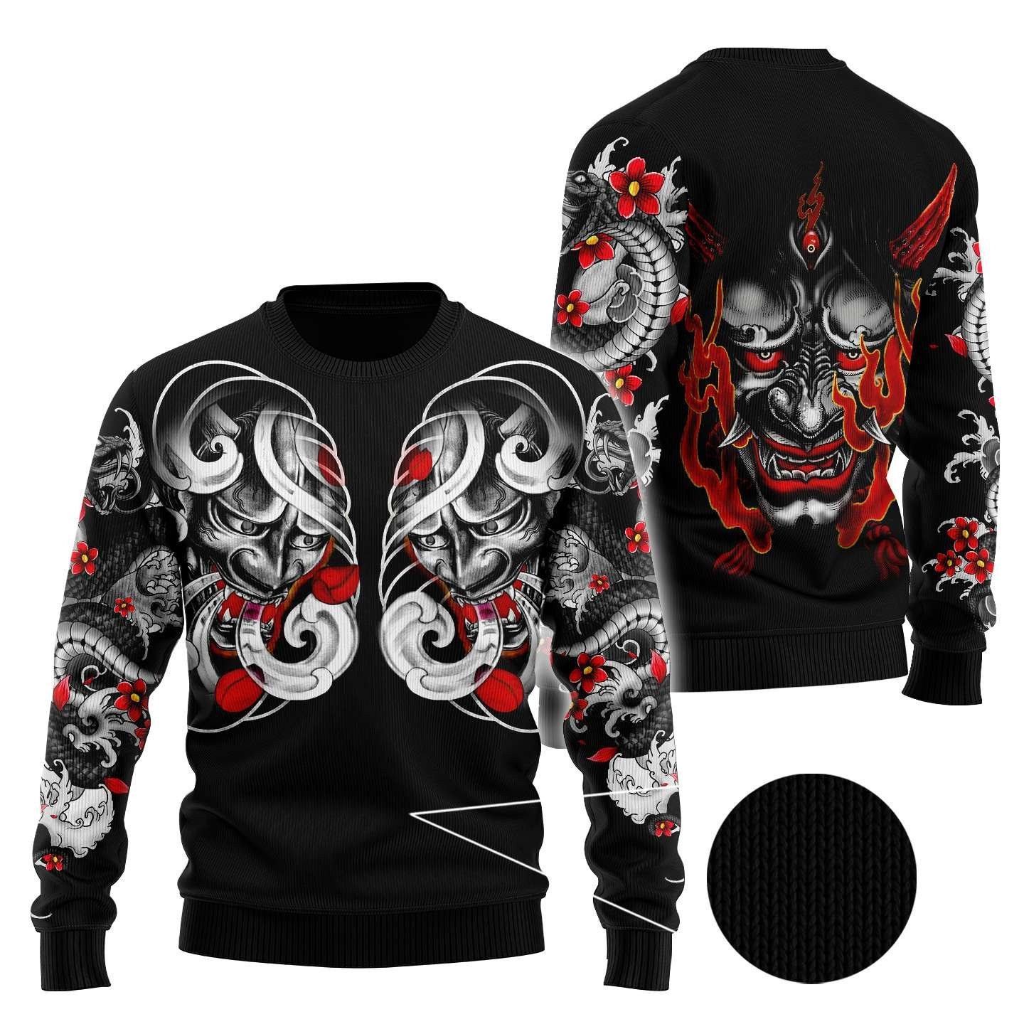 Japan Mask Tattoo Ugly Christmas Sweater, Perfect Holiday Gift