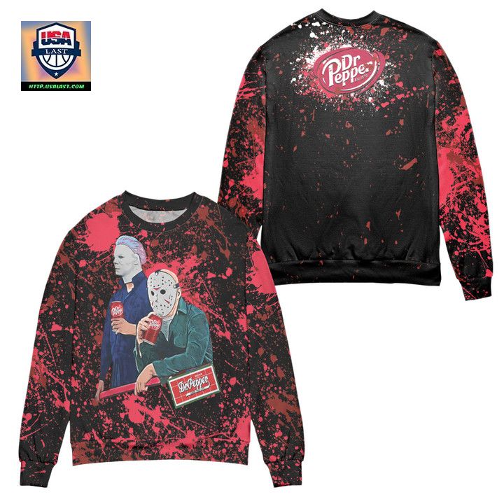 Jason Voorhees Drinking Dr Pepper Splatter Paint Ugly Christmas Sweater