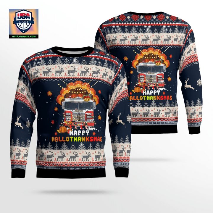 Jersey City Fire Truck Happy Hallothanksmas Christmas Ugly Sweater