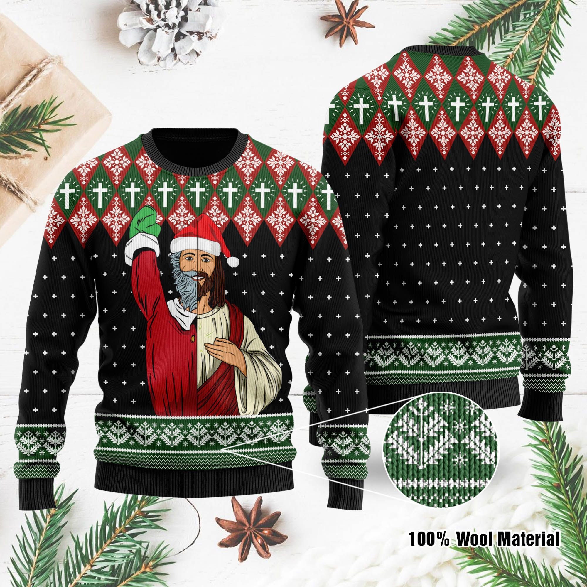 Jesus And Santa Claus Half Face Ugly Christmas Sweater