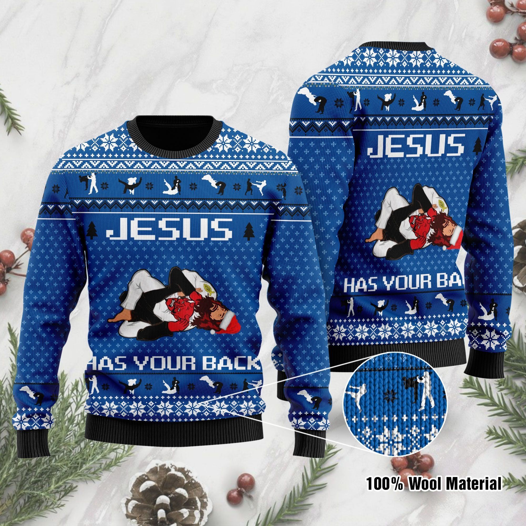 Jesus Has Your Back Jiu Jitsu Christmas Ugly Christmas Sweater For Jesus And Jiu Jitsu Lovers On Christmas Days