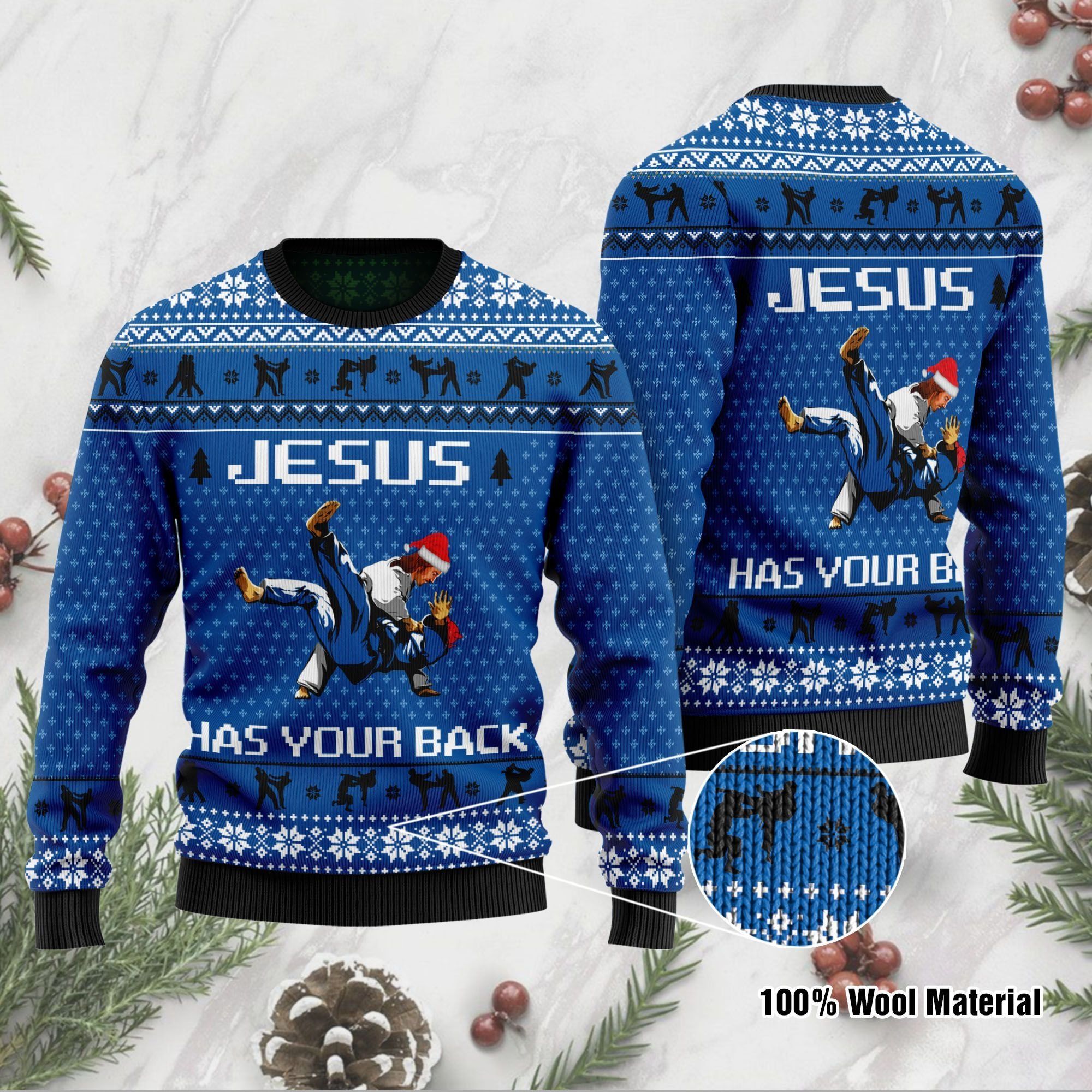 Jesus Has Your Back Judo Jesus Ugly Christmas Sweater For Jesus And Judo Lovers On Christmas Days