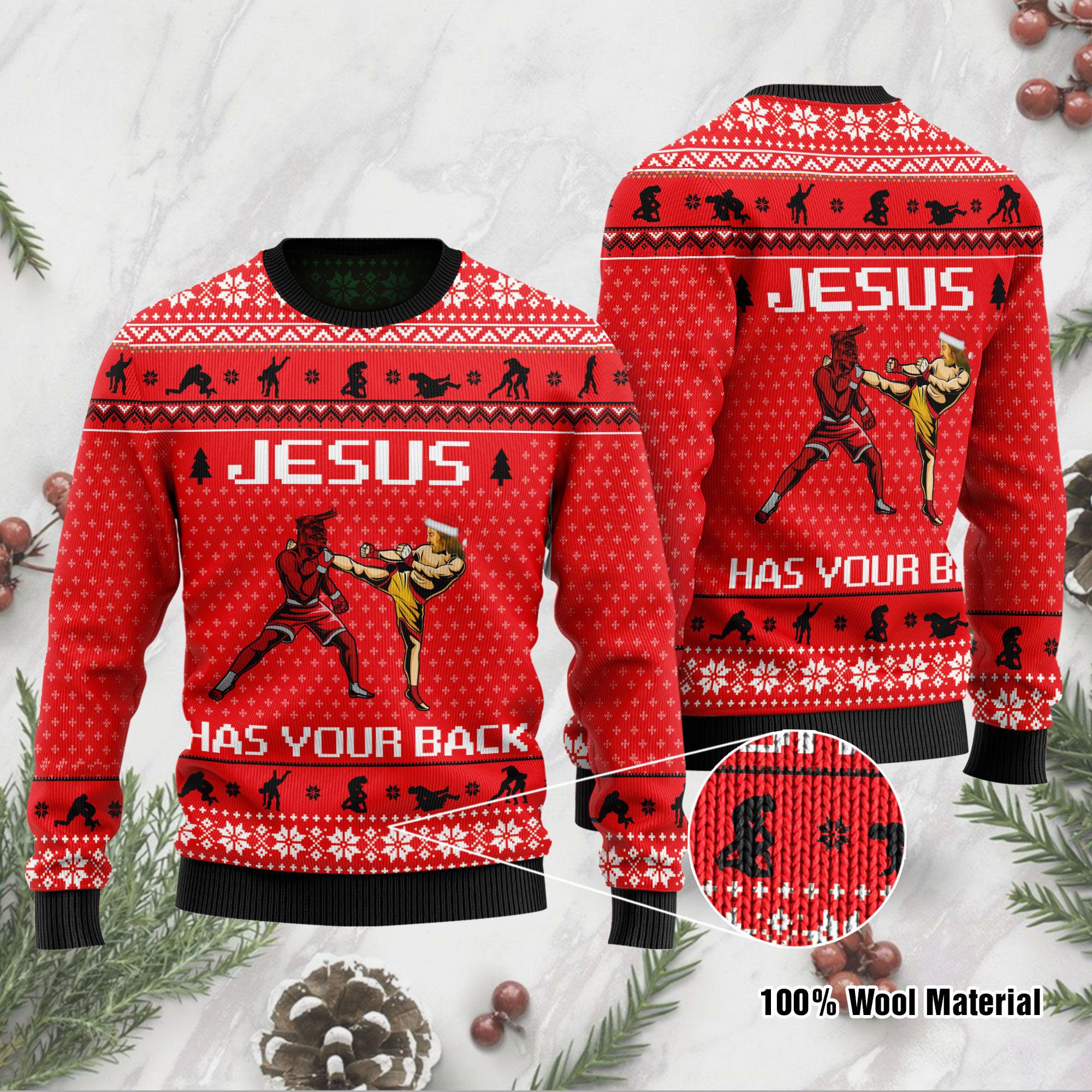 Jesus Has Your Back Mixed Martial Arts Jesus Ugly Christmas Sweater