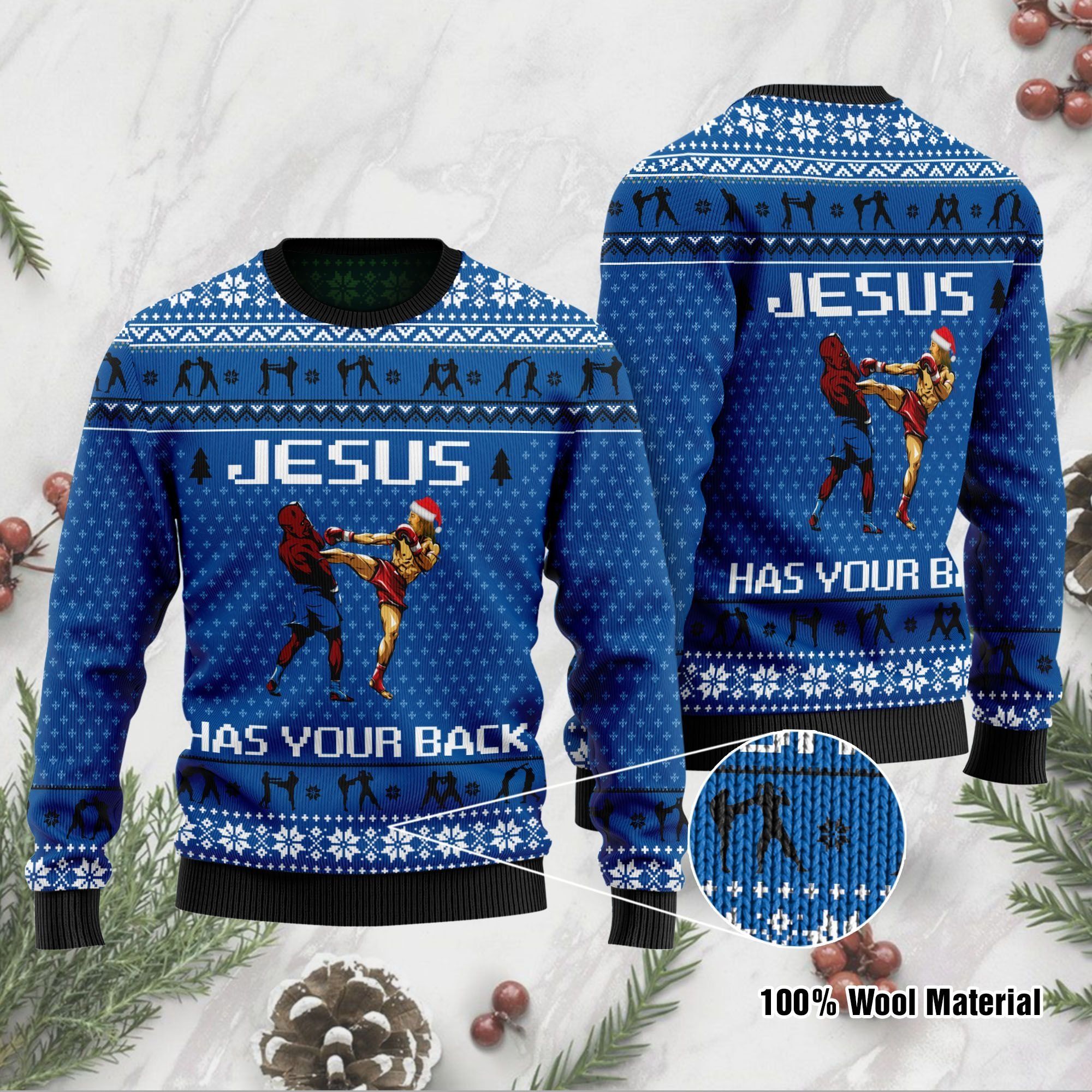 Jesus Has Your Back Muay Thai Jesus Ugly Christmas Sweater For Jesus And Muay Thai Lovers On Christmas Days