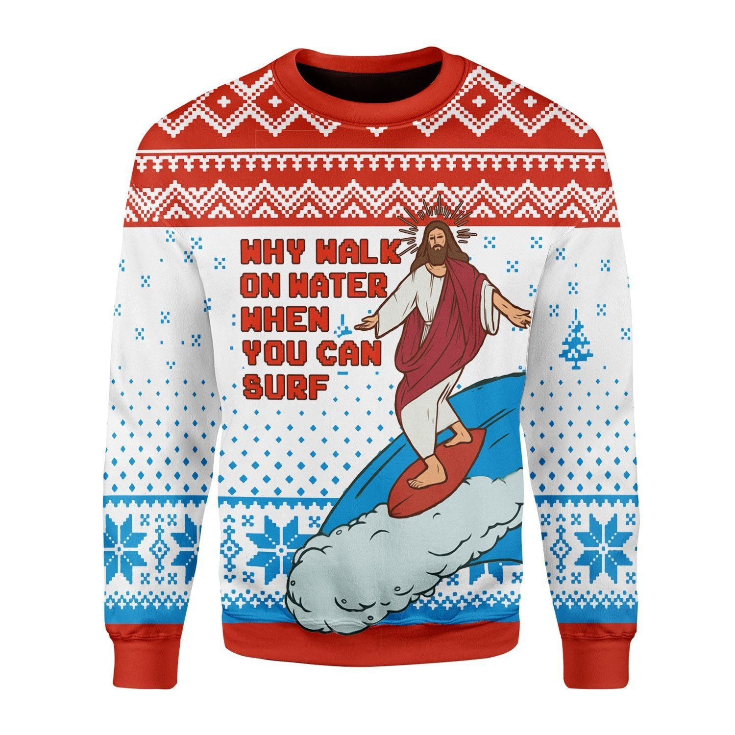 Jesus Surfing Ugly Christmas Sweater, Perfect Holiday Gift