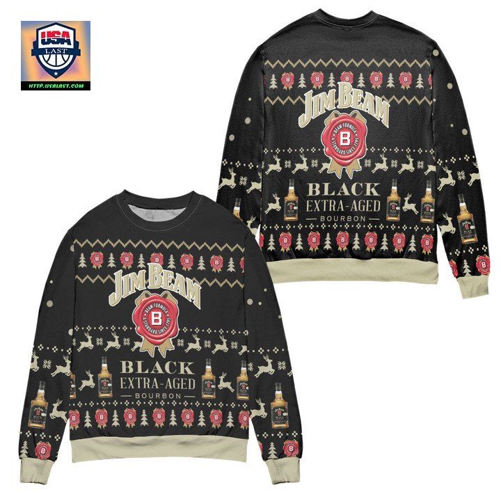 Jim Beam Black Extra Aged Bourbon Reindeer Pattern Ugly Christmas Sweater Black