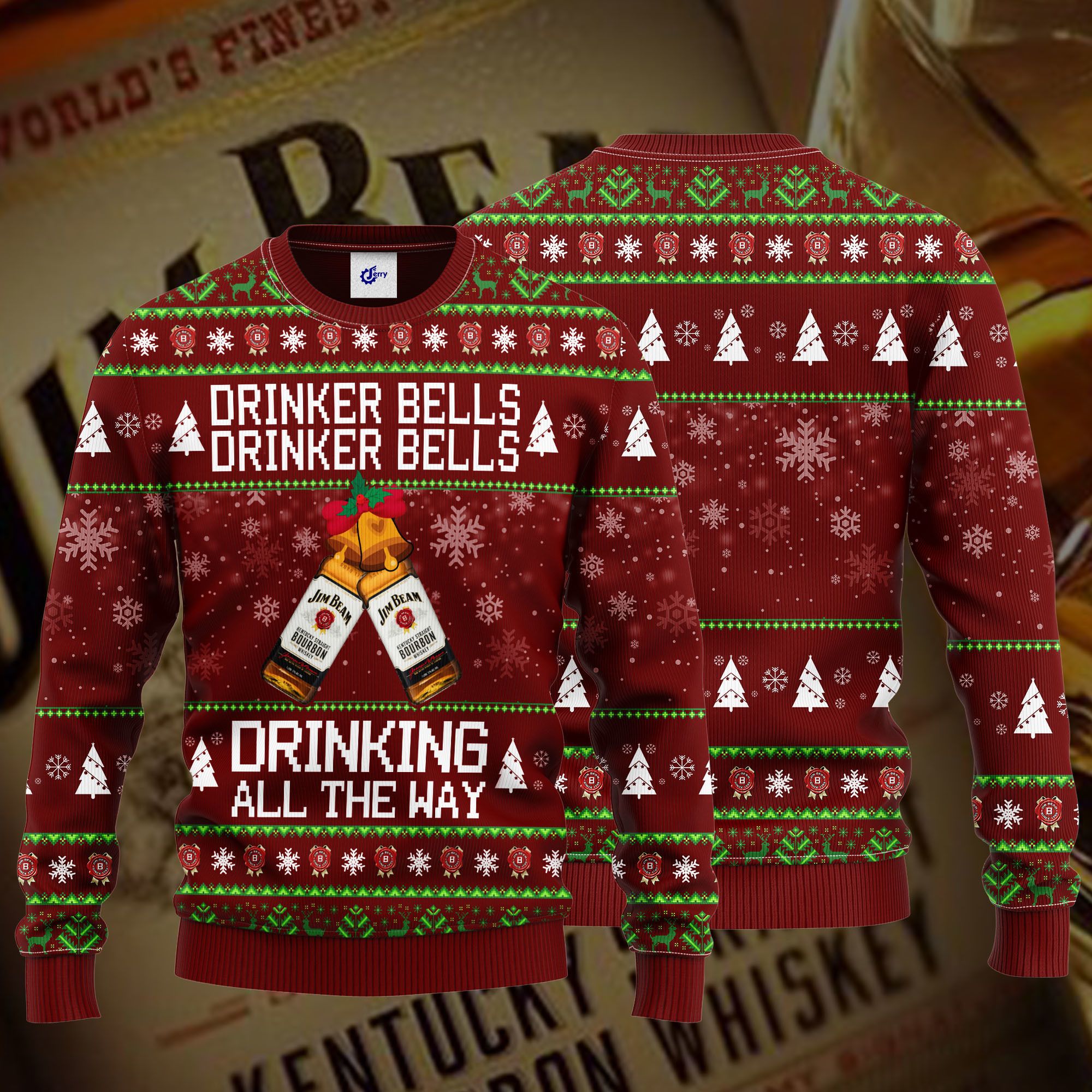Jim Beam Drinker Bells Drinker Bells Drinking All The Way Ugly Christmas Sweater