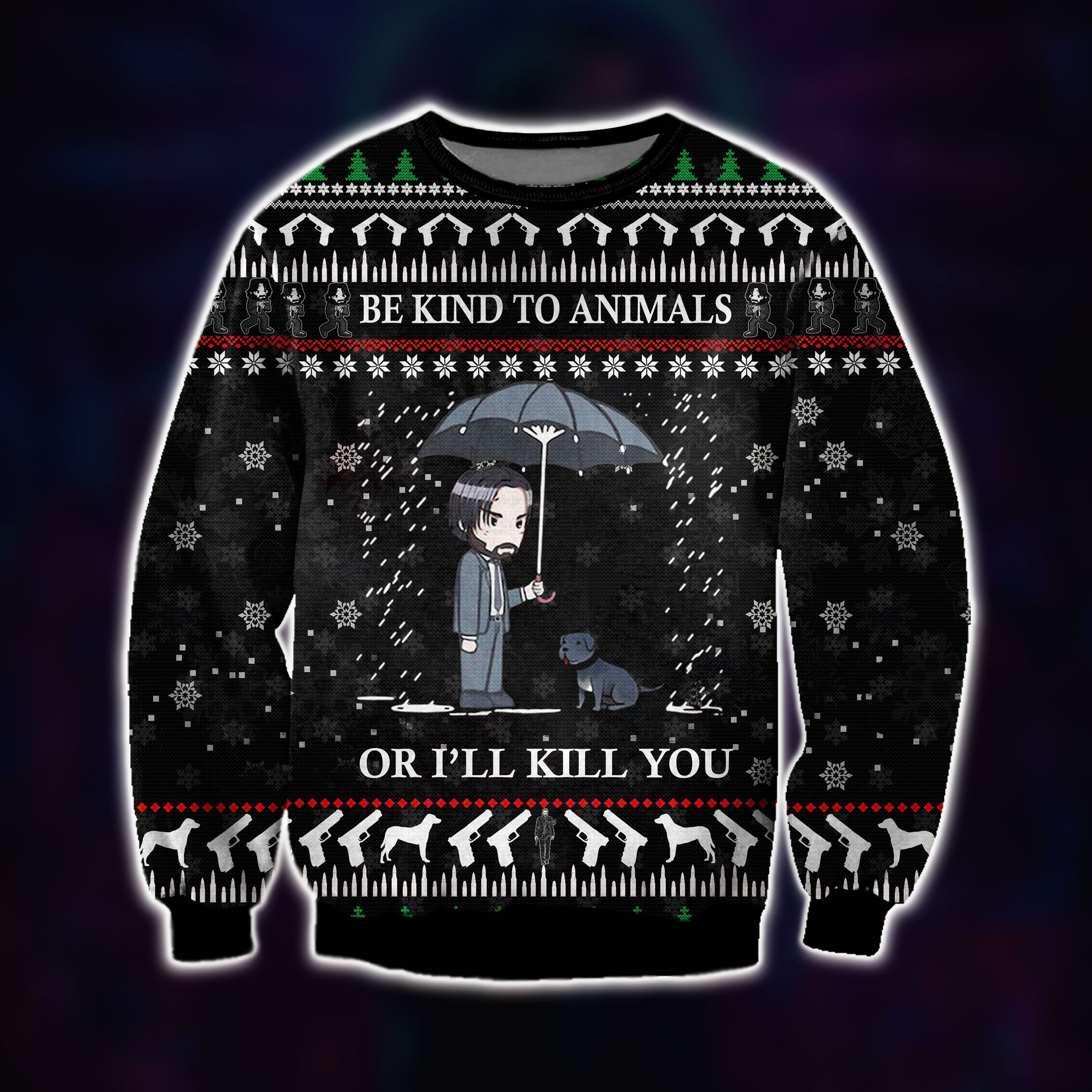 John Wick & Animal 3D Print Knitting Pattern Ugly Christmas Sweater