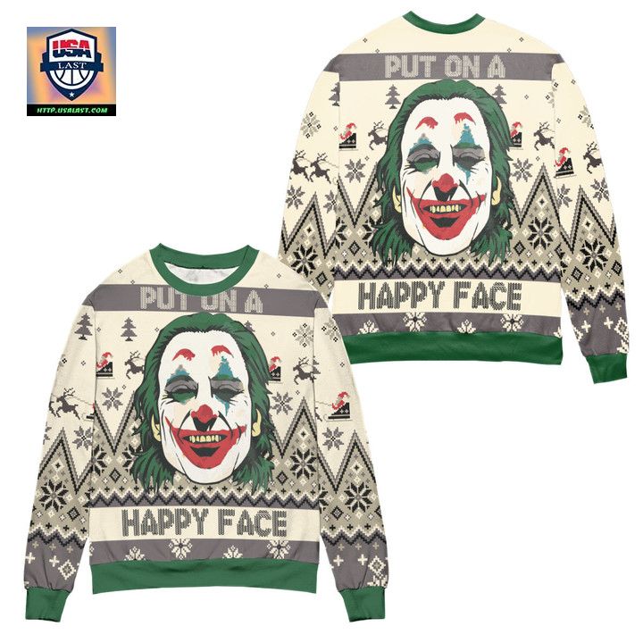 Joker Put On A Happy Face Reindeer Pine Tree Pattern Ugly Christmas Sweater