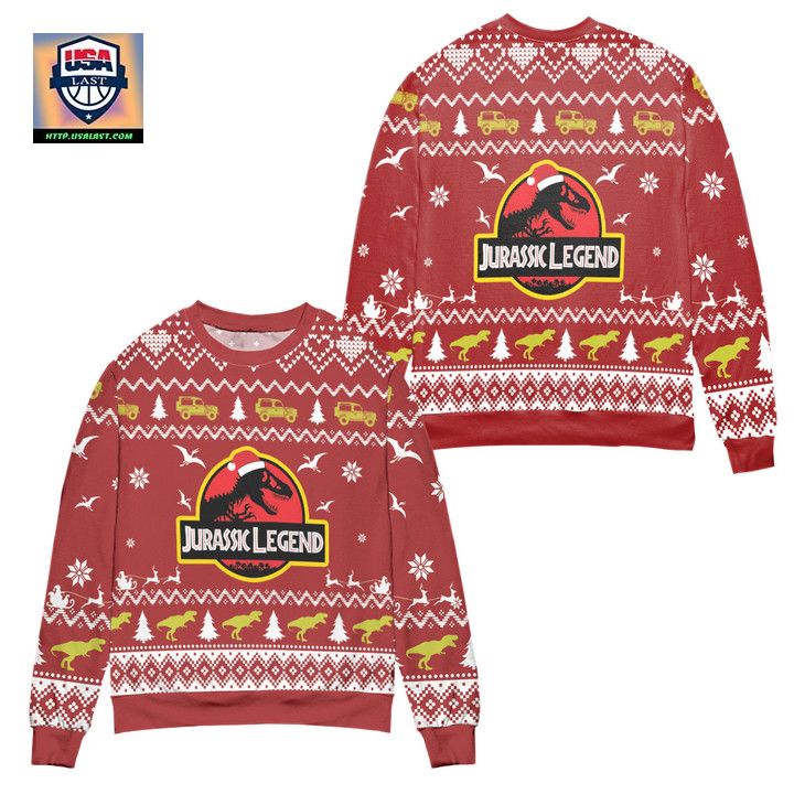 Jurassic Park Legend Dinosaur Pattern Ugly Christmas Sweater Red