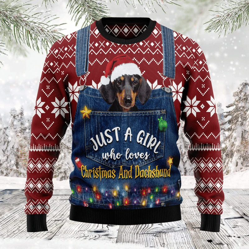 Just A Girl Who Loves Christmas And Dachshund Ugly Christmas Sweater, Perfect Holiday Gift