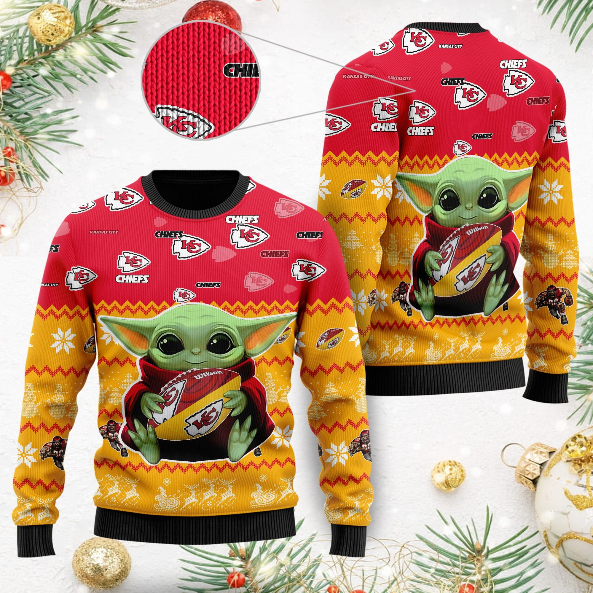 Kansas City Chiefs Baby Yoda Shirt For American Football Fans Ugly Christmas Sweater, Perfect Holiday Gift