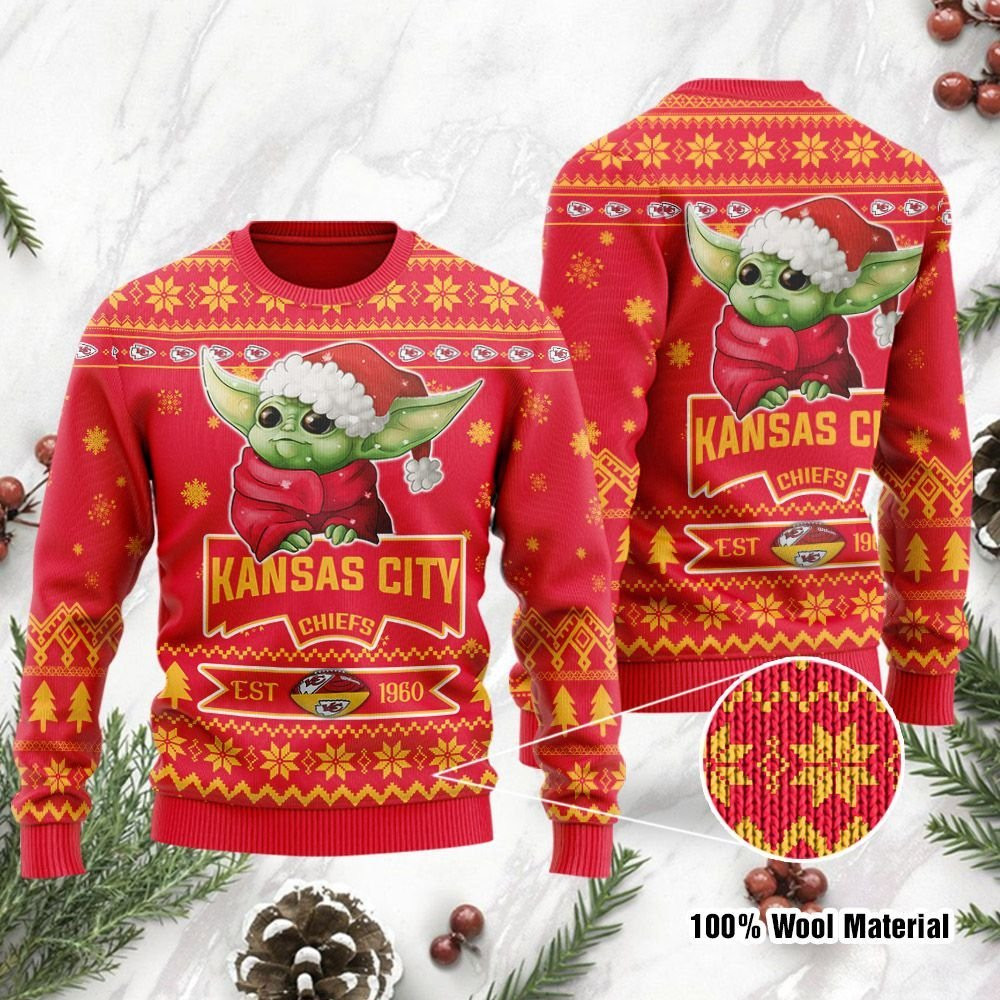 Kansas City Chiefs Cute Baby Yoda Grogu Holiday Party Ugly Christmas Sweater