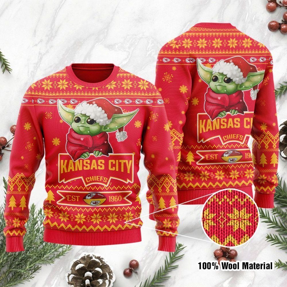 Kansas City Chiefs Cute Baby Yoda Grogu Ugly Christmas Sweater Holiday Party Men Women Full Plus Size