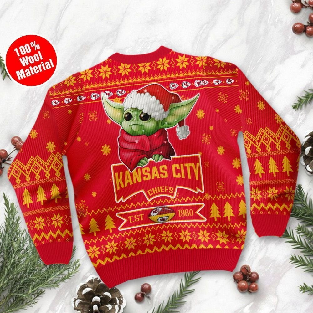 Kansas City Chiefs Cute Baby Yoda Grogu Ugly Christmas Sweater, Perfect Holiday Gift - Image 3