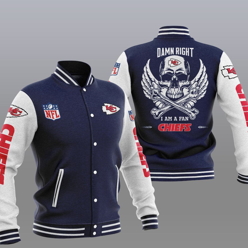 Kansas City Chiefs Dark Blue Skull Varsity Baseball Jacket for Men & Women | NFL Team Fan Gift