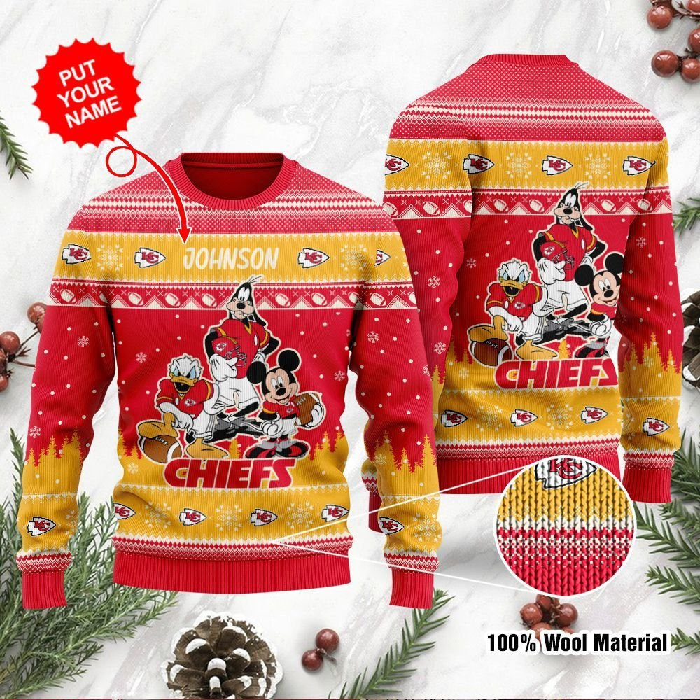 Kansas City Chiefs Disney Donald Duck Mickey Mouse Goofy Personalized Ugly Christmas Sweater, Perfect Holiday Gift
