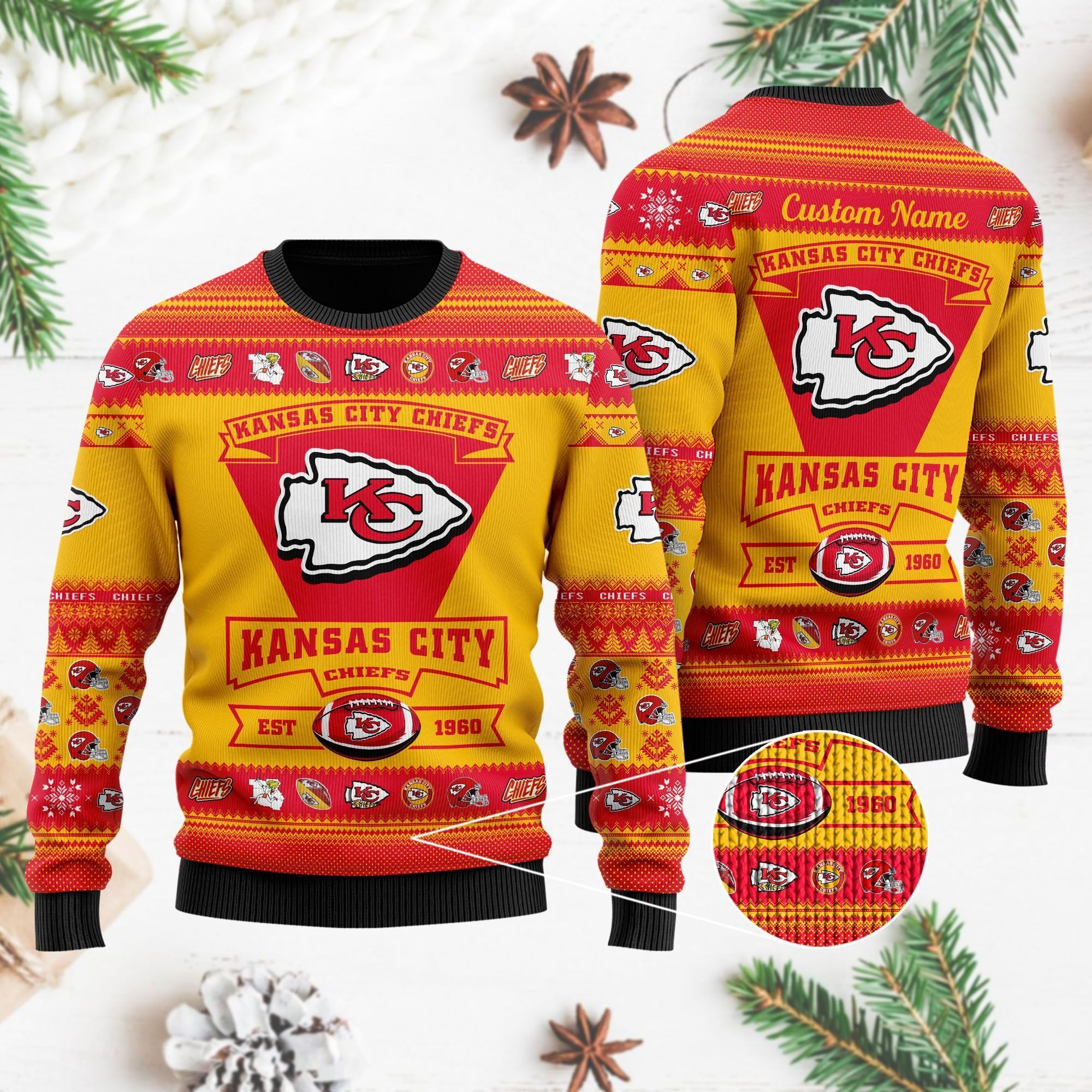 Kansas City Chiefs Football Team Logo Custom Name Personalized Ugly Christmas Sweater Holiday Party Men Women Plus Size