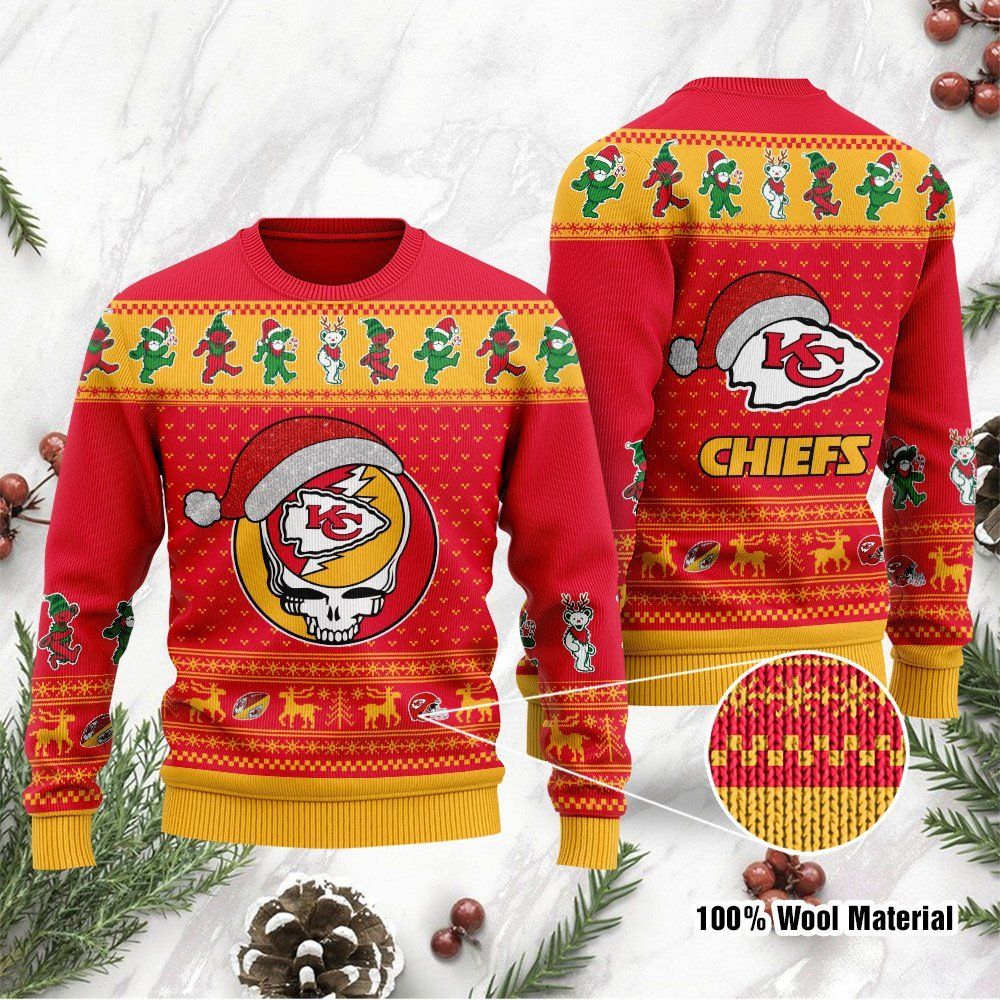 Kansas City Chiefs Grateful Dead SKull And Bears Custom Name Ugly Christmas Sweater NFL Football Christmas