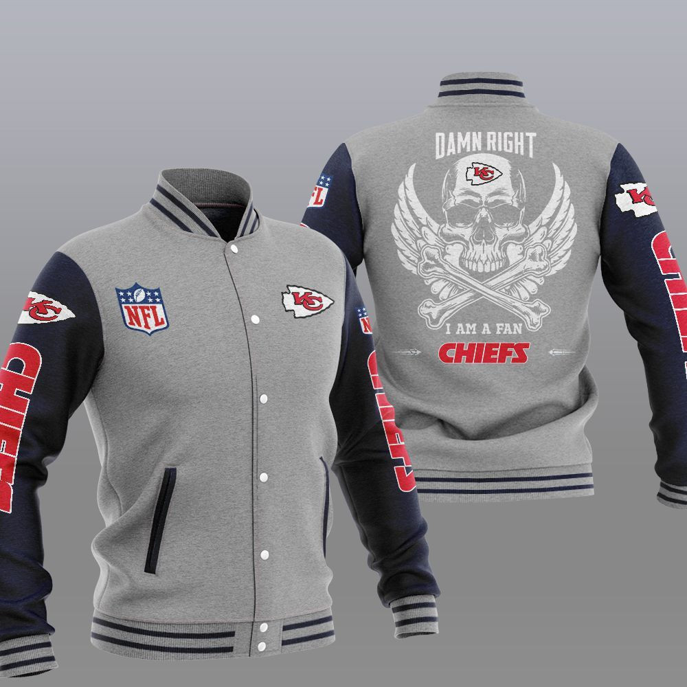 Kansas City Chiefs Grey Skull Varsity Baseball Jacket for Men & Women | NFL Team Fan Gift