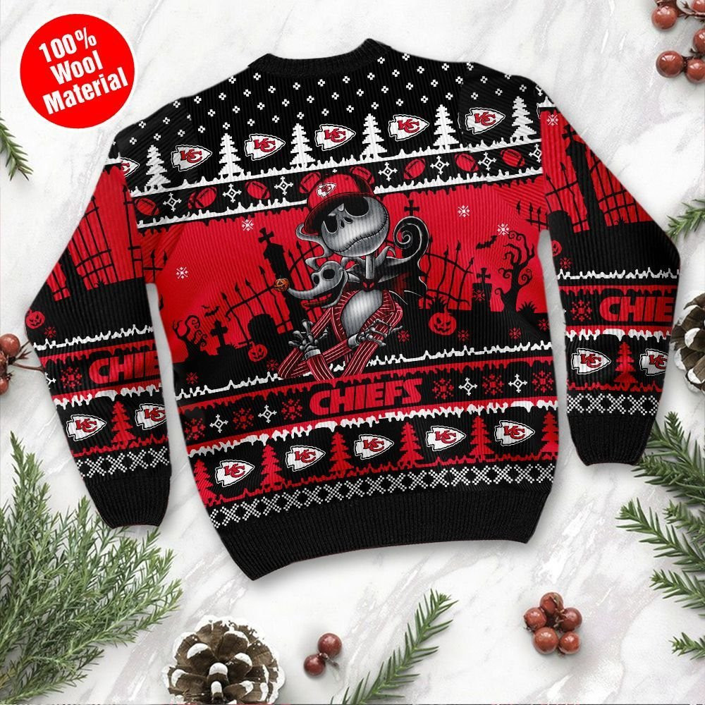 Kansas City Chiefs Jack Skellington Halloween Holiday Party Ugly Christmas Sweater Perfect Holiday Gift - Image 3