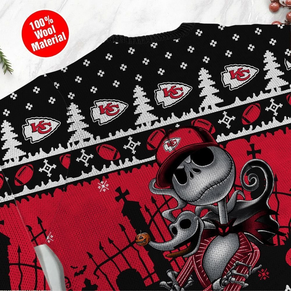 Kansas City Chiefs Jack Skellington Halloween Ugly Christmas Sweater Perfect Holiday Gift - Image 5