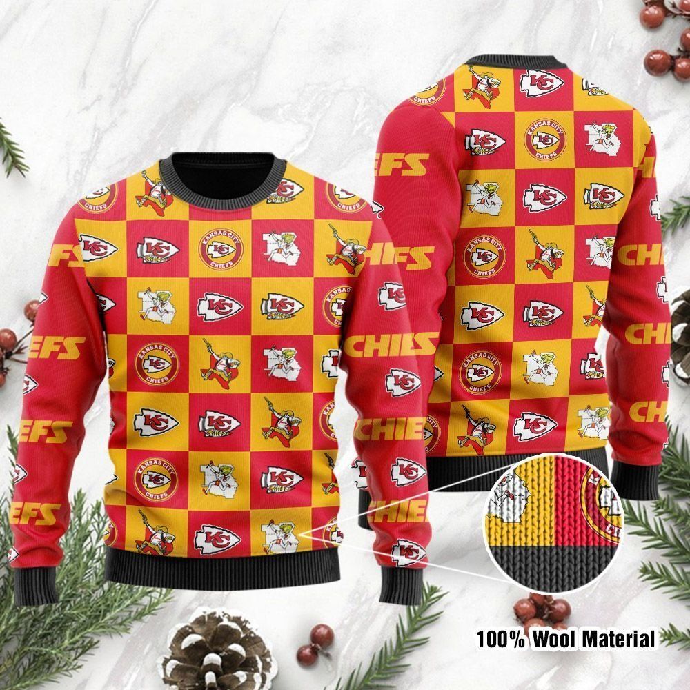 Kansas City Chiefs Logo Checkered Flannel Design Ugly Christmas Sweater