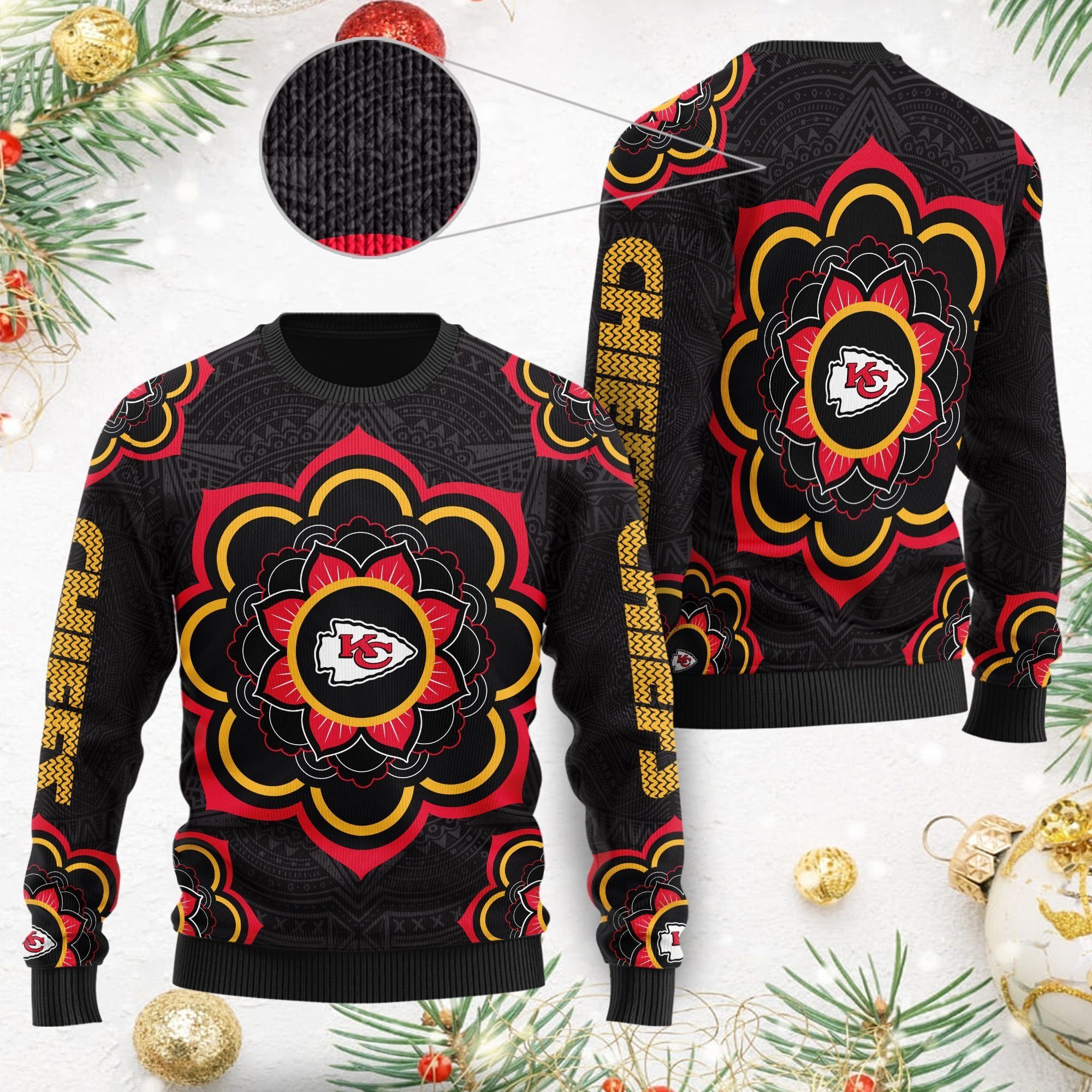Kansas City Chiefs Mandala Logo Ugly Christmas Sweater NFL Football Fans On Xmas