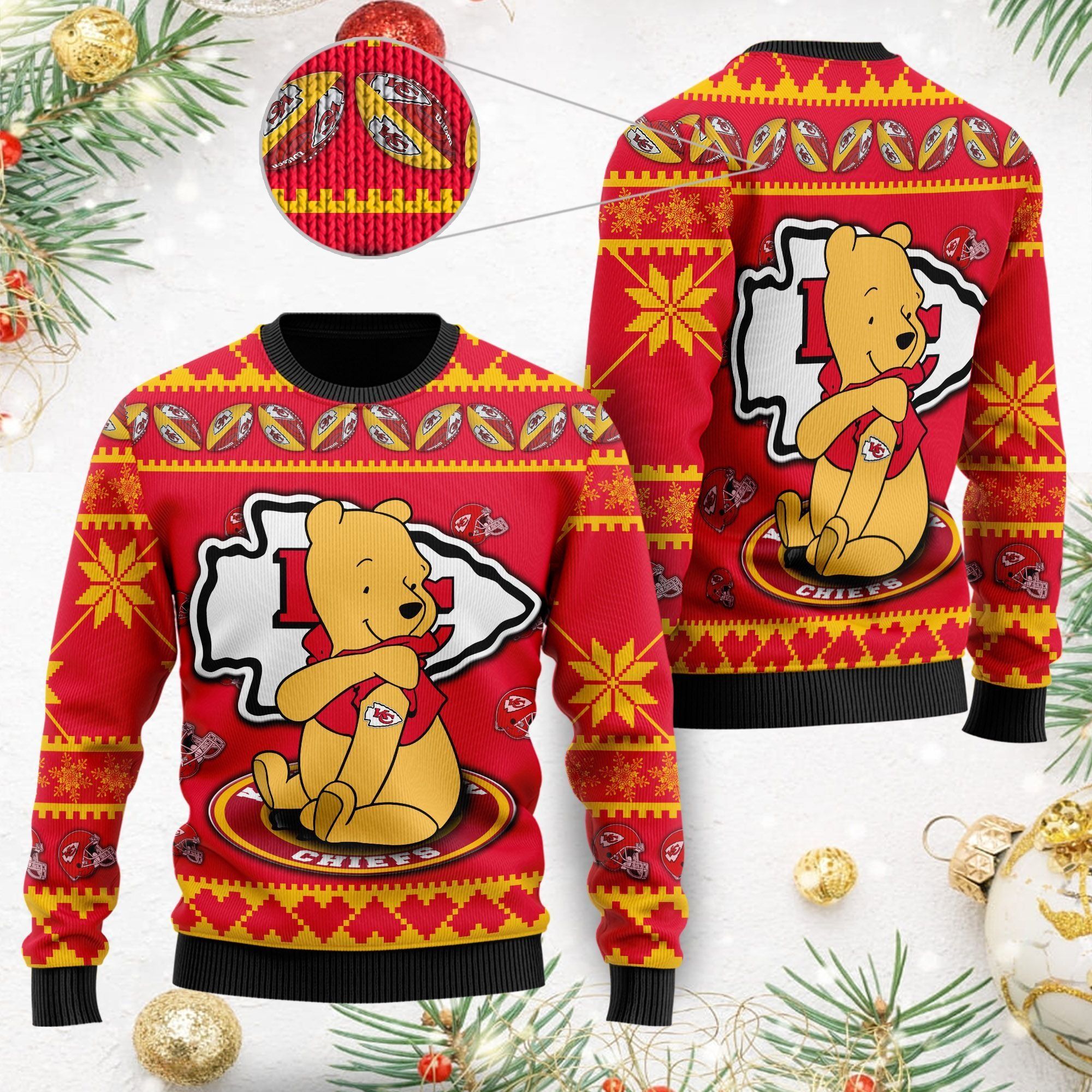 Kansas City Chiefs NFL American Football Team Logo Cute Winnie The Pooh Bear 3D Ugly Christmas Sweater