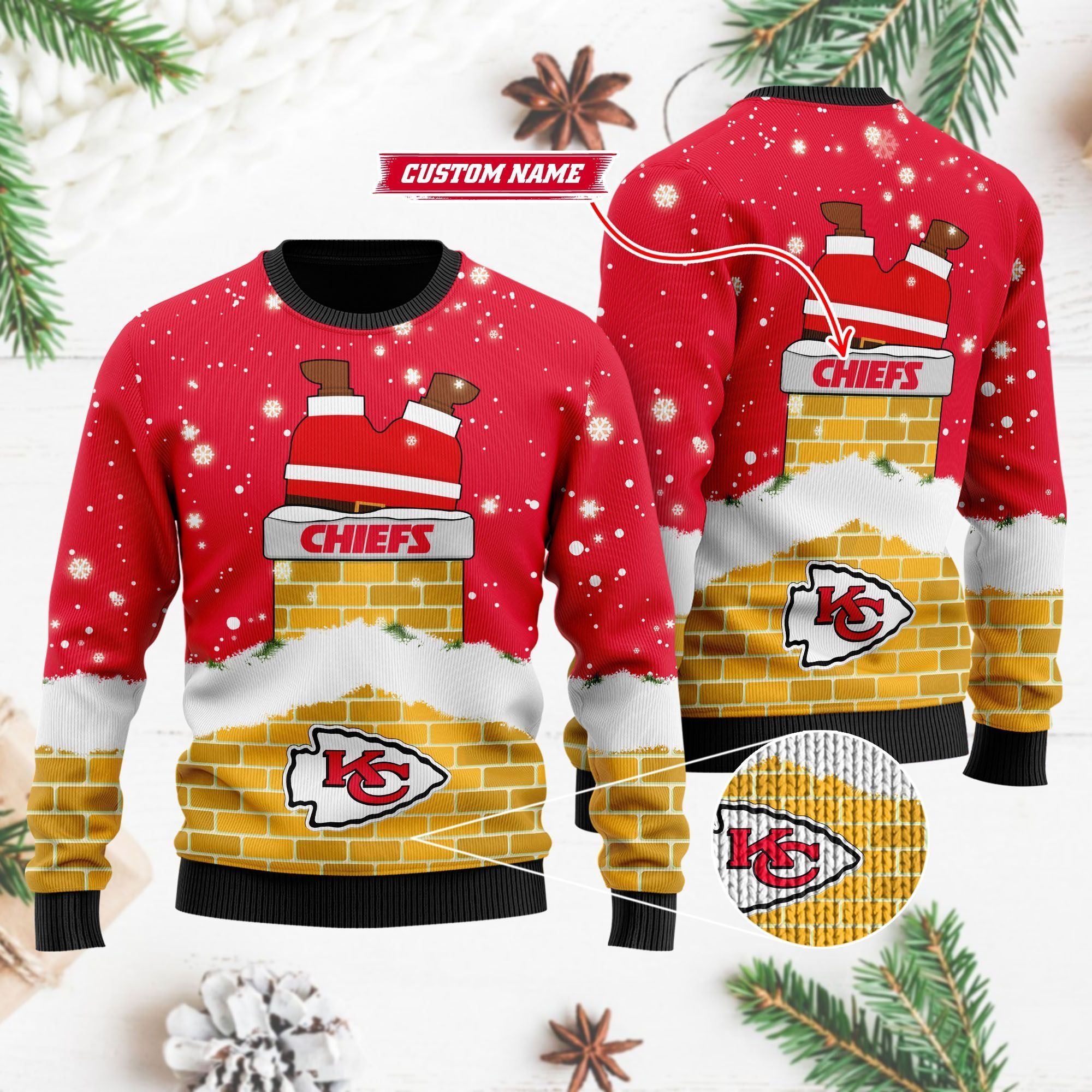 Kansas City Chiefs NFL Football Team Logo Symbol Santa Claus Custom Name Personalized 3D Ugly Christmas Sweater