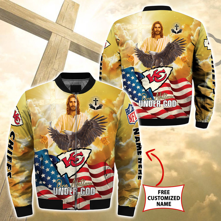 Kansas City Chiefs Personalized Gold Under God Bomber Jacket | NFL Team Jacket for Men & Women | Football Fan Gift