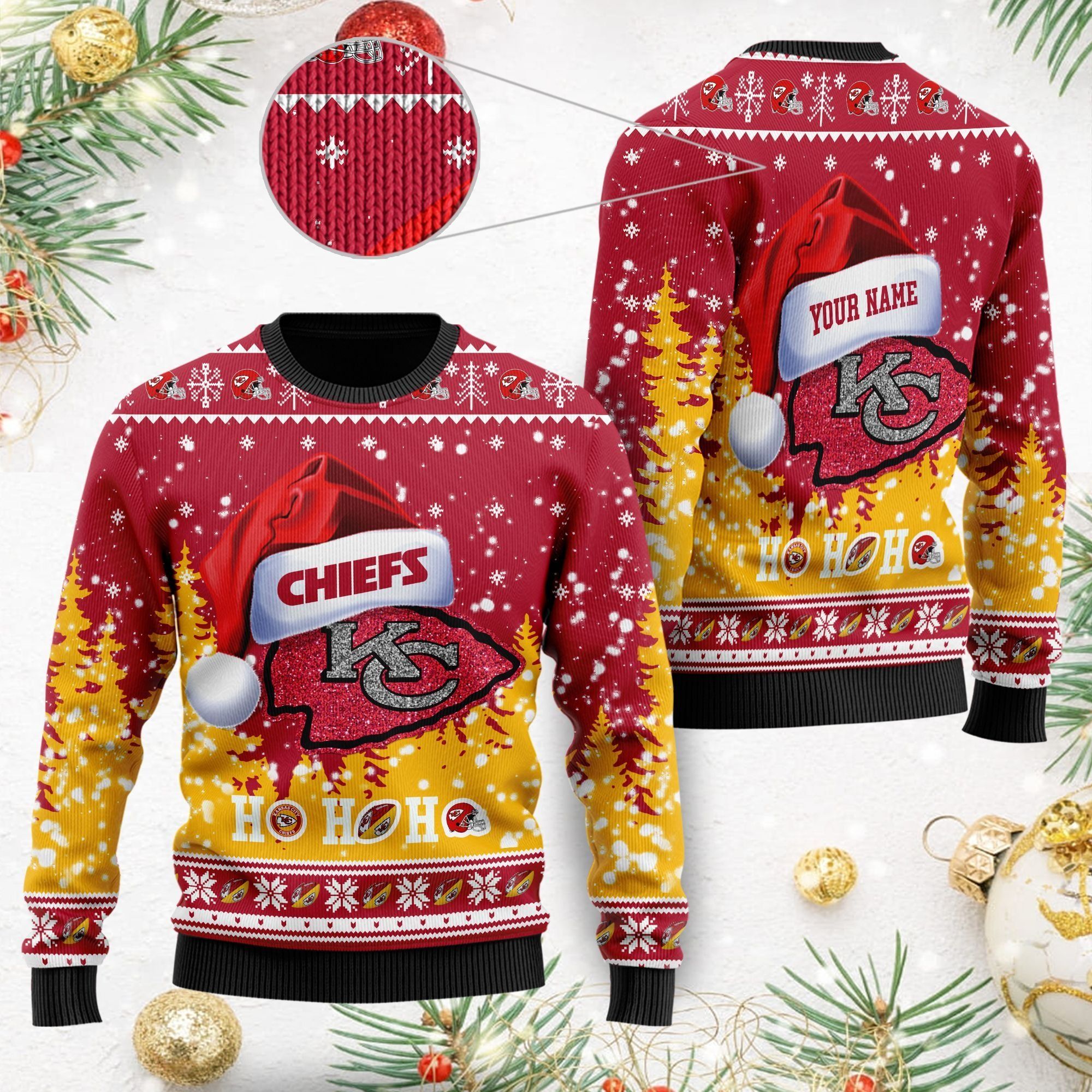 Kansas City Chiefs Symbol Wearing Santa Claus Hat Cute Pattern Ho Ho Ho Custom Personalized Ugly Christmas Sweater For Football Fans On Xmas Party
