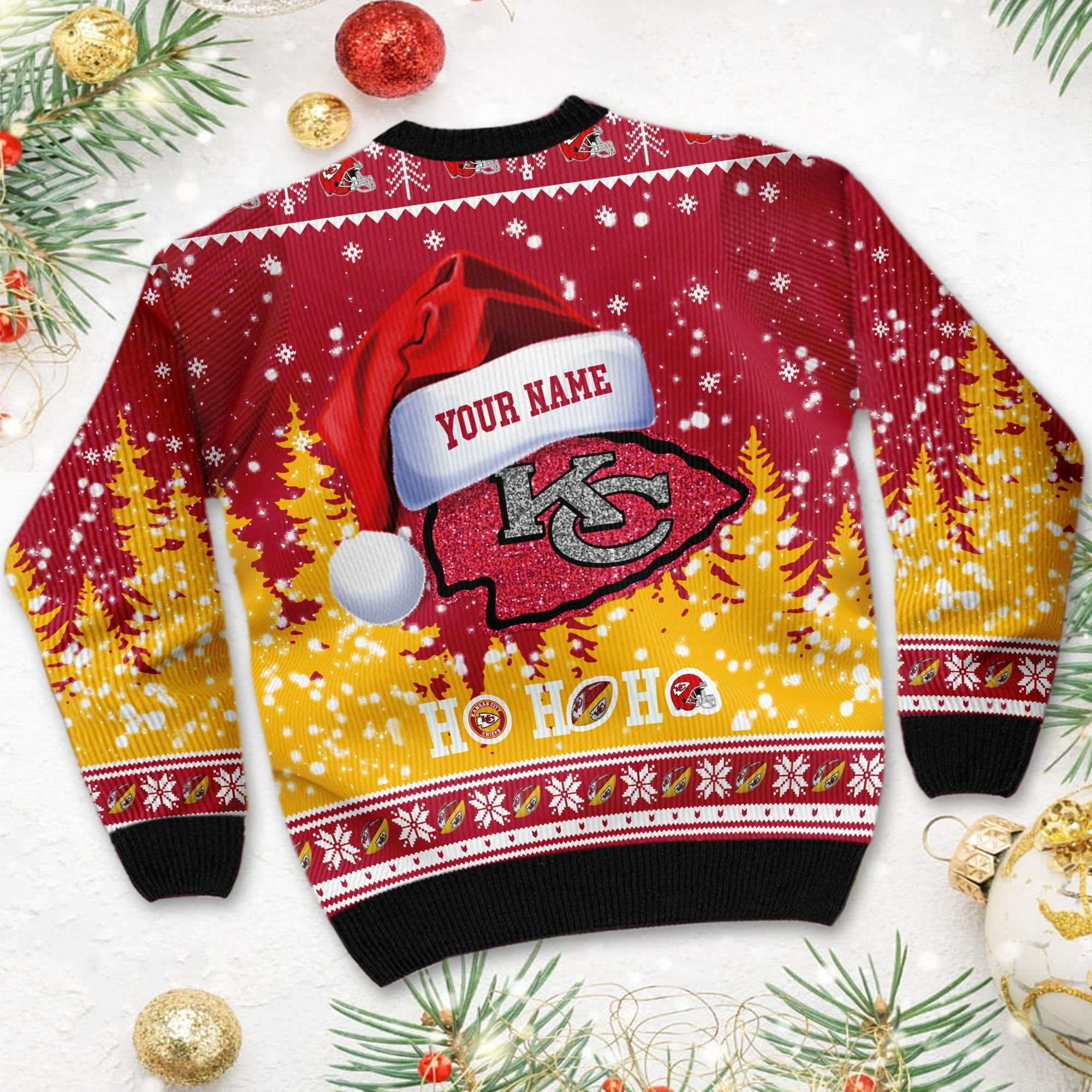 Kansas City Chiefs Symbol Wearing Santa Claus Hat Ho Ho Ho Personalized Ugly Christmas Sweater Perfect Holiday Gift - Image 4