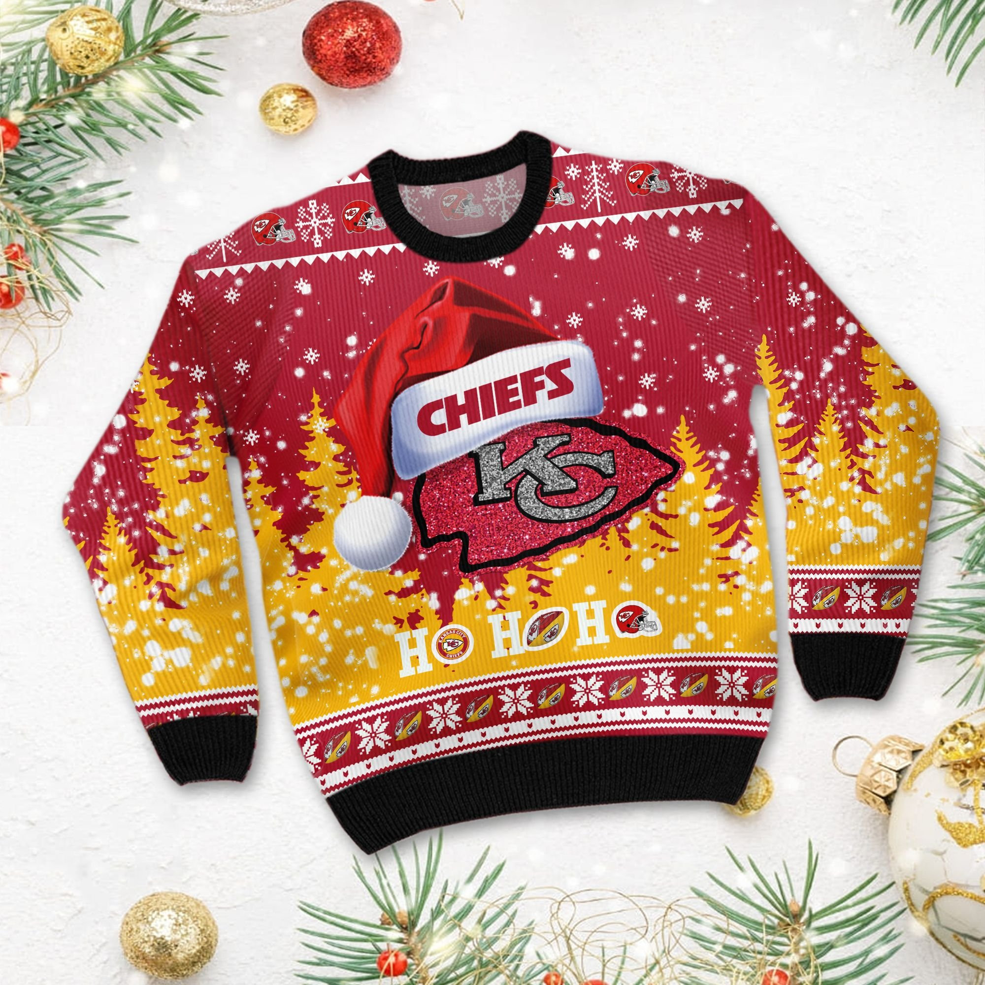 Kansas City Chiefs Symbol Wearing Santa Claus Hat Ho Ho Ho Personalized Ugly Christmas Sweater Perfect Holiday Gift - Image 3