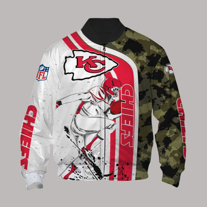 Kansas City Chiefs White Red Camo Bomber Jacket | NFL Team Jacket for Men & Women | Football Fan Gift